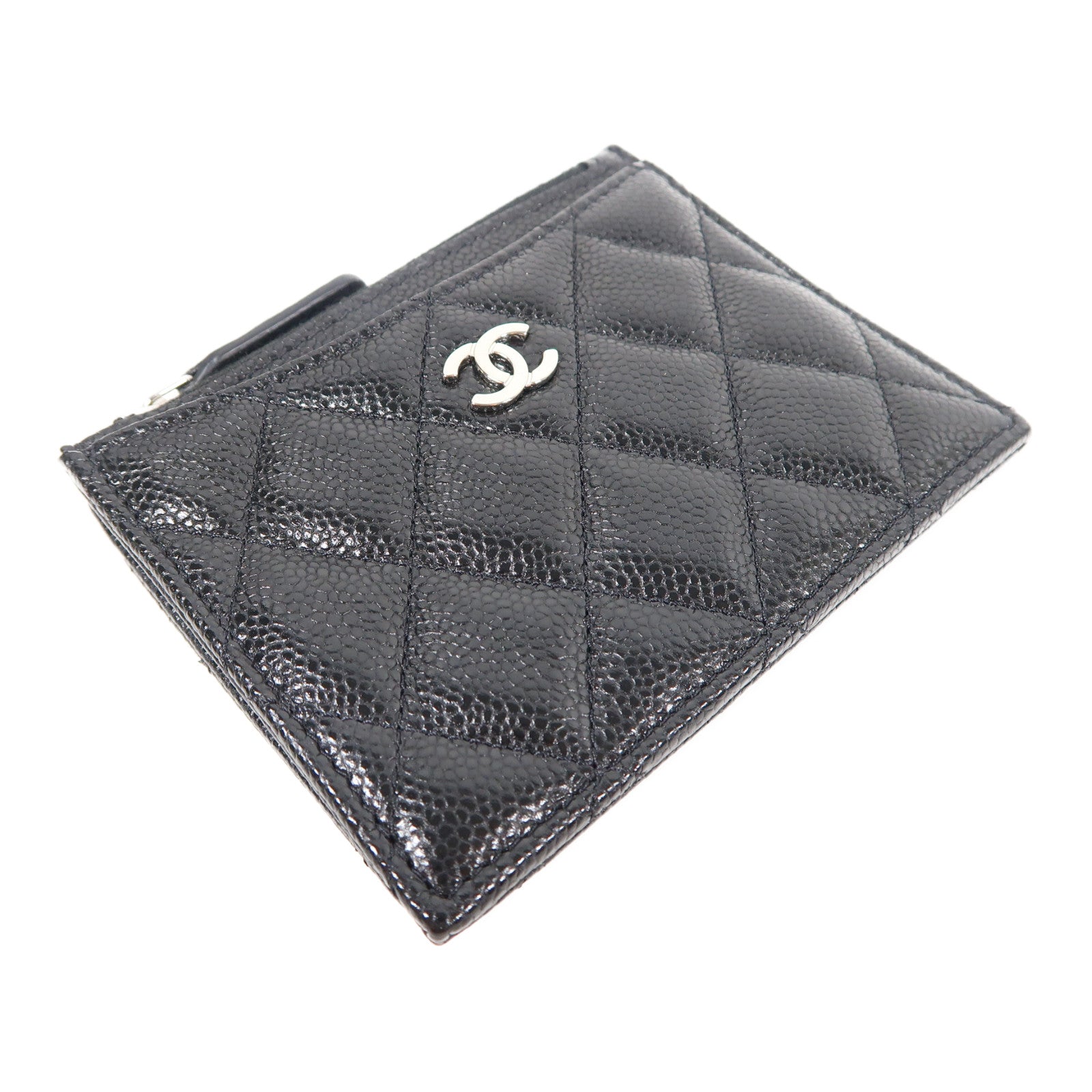 CHANEL 菱格Caviar皮革Card case銀扣卡片套黑色