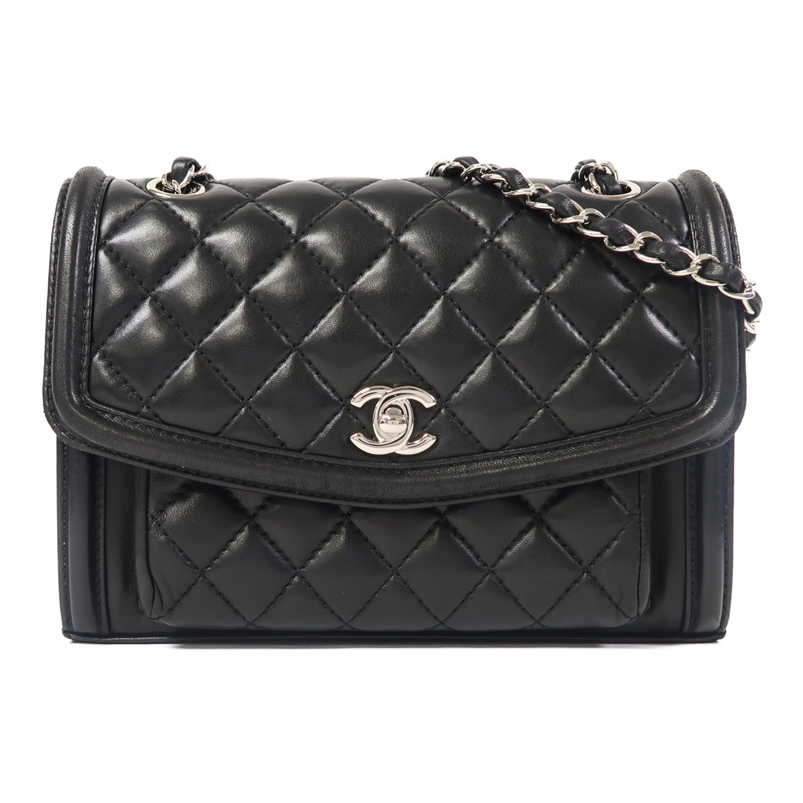 CHANEL 菱格羊皮皮革Chain Shoulder銀扣鏈帶肩背袋黑色