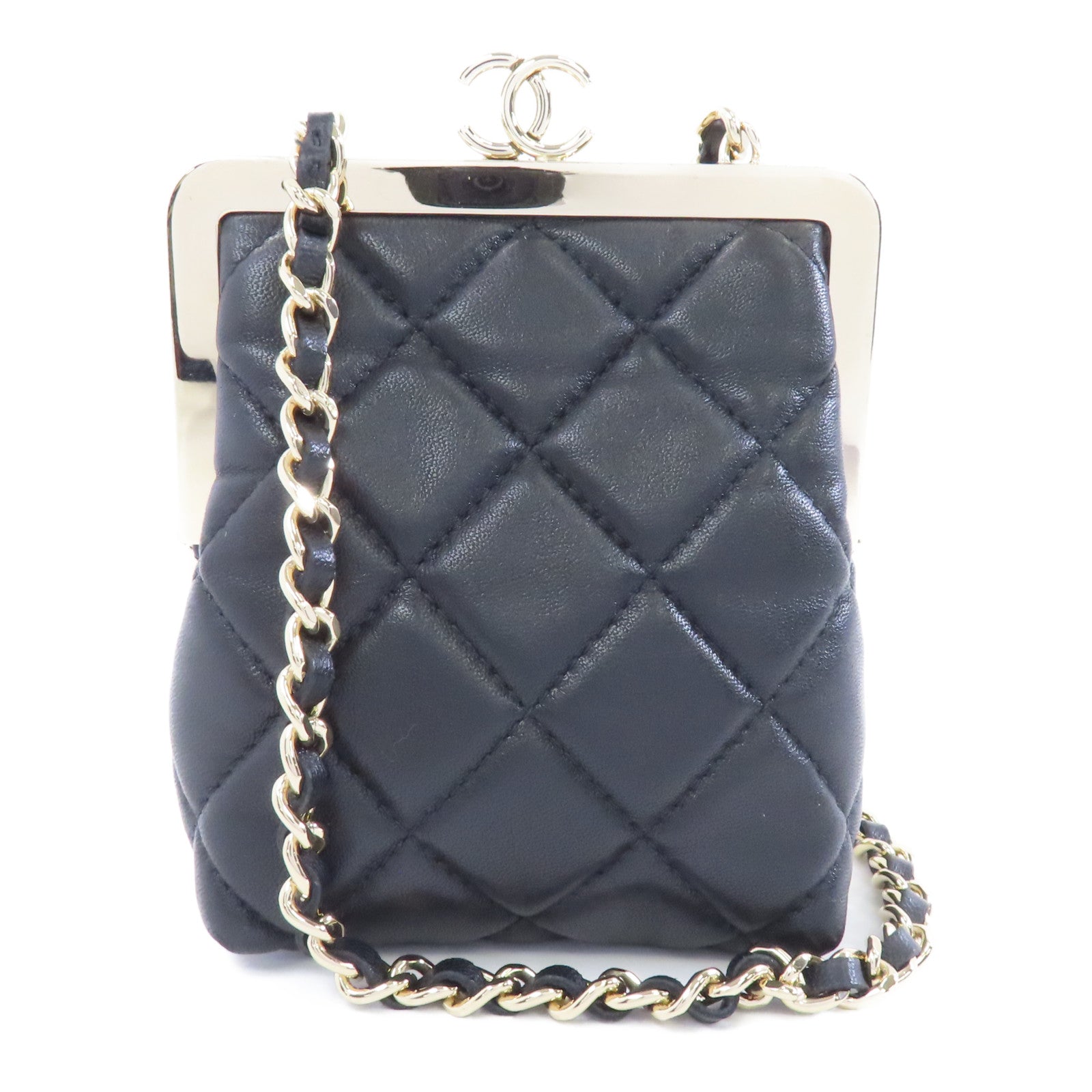 CHANEL 菱格羊皮皮革Chain Shoulder金扣鏈帶肩背袋黑色