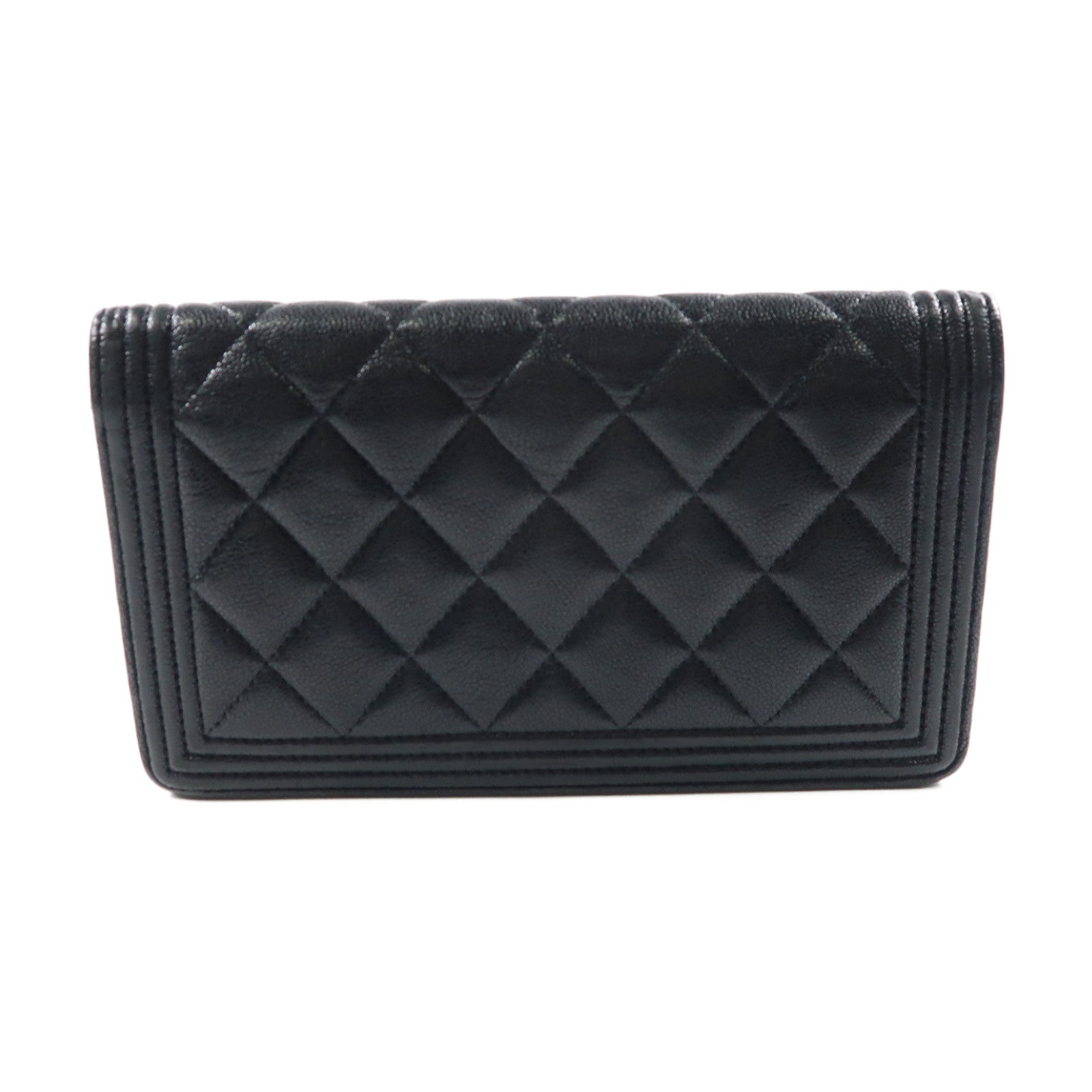 CHANEL 菱格牛皮皮革Boy Long Wallet金扣長錢包黑色