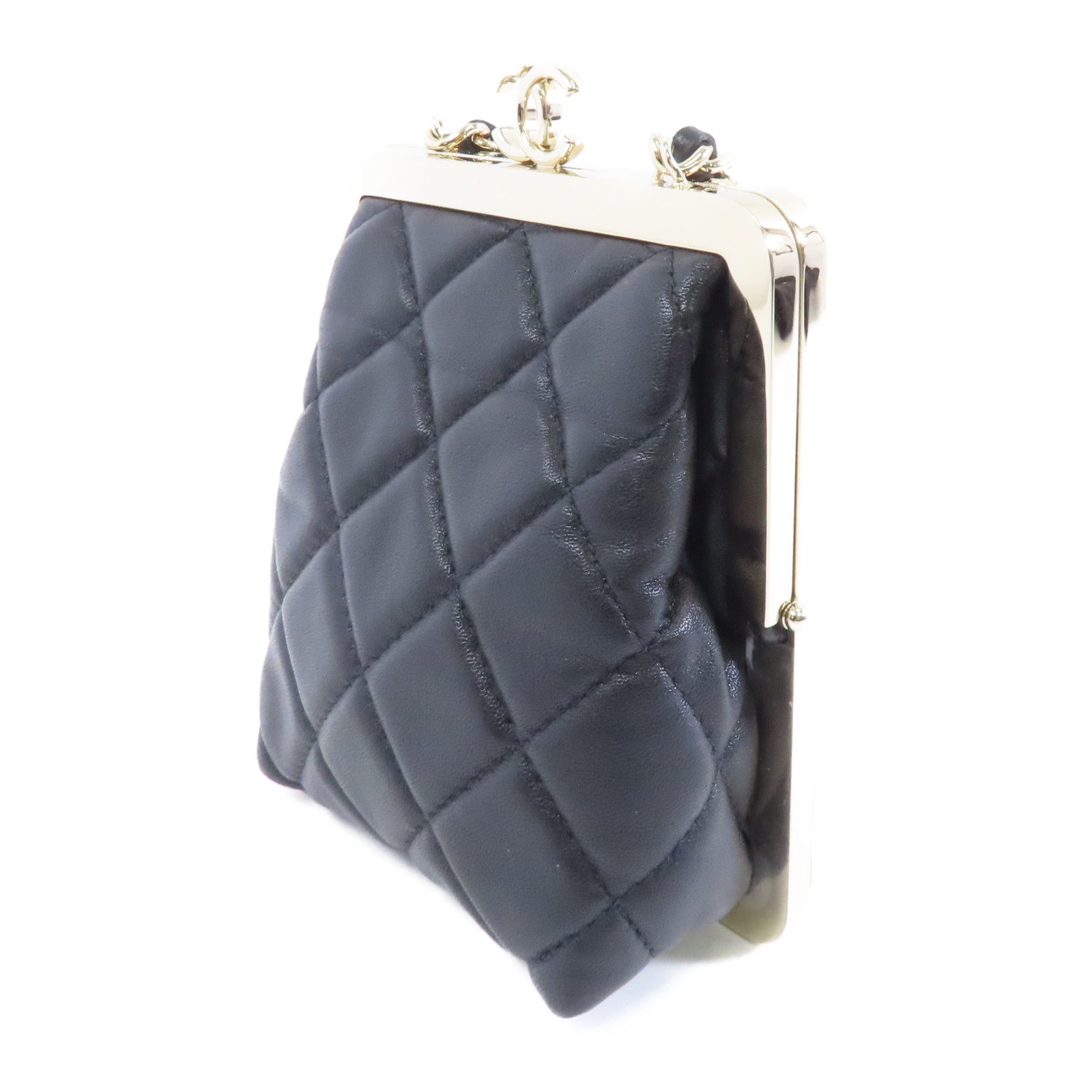 CHANEL 菱格羊皮皮革Chain Shoulder金扣鏈帶肩背袋黑色