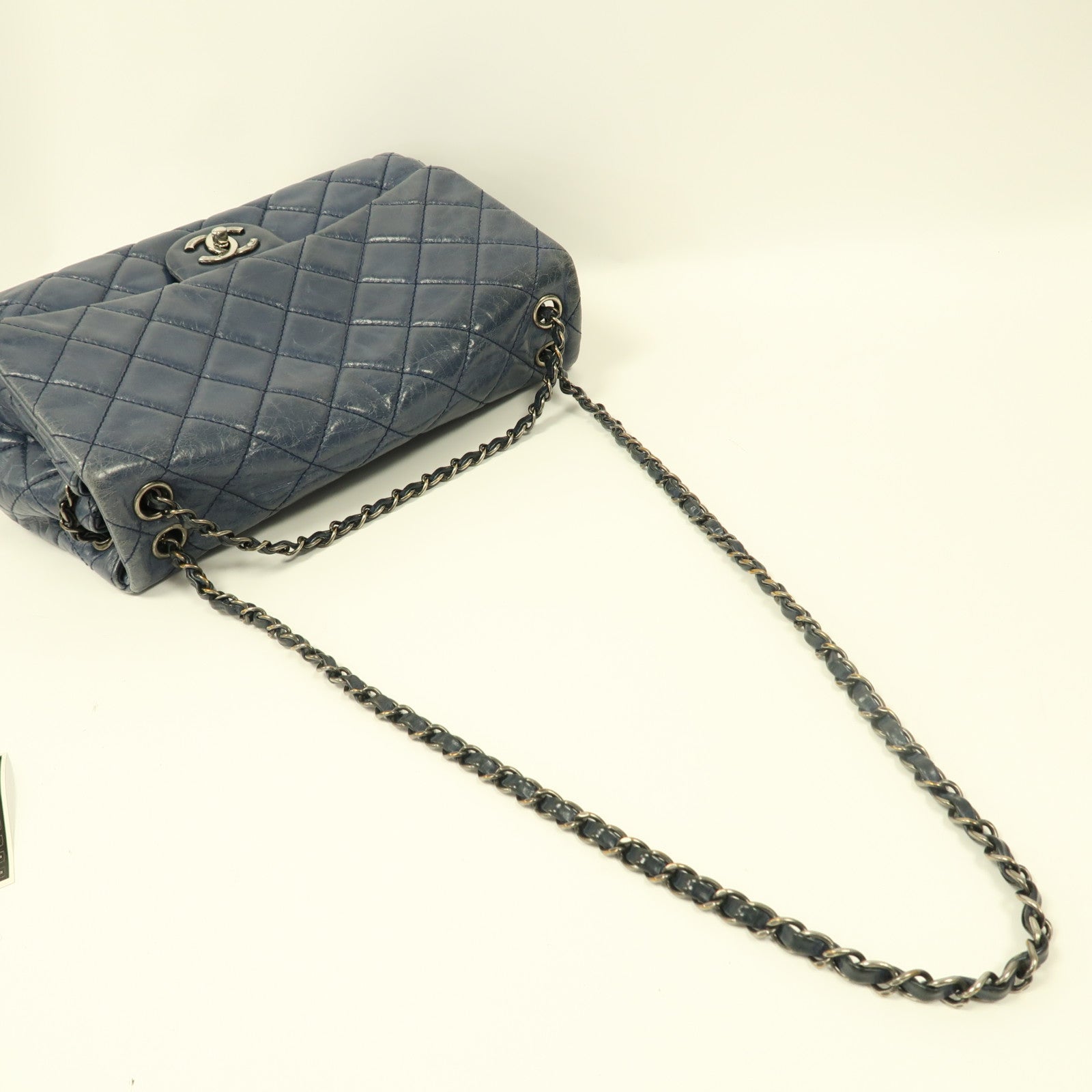 CHANEL 菱格牛皮皮革Chain Shoulder銀扣鏈帶肩背袋藍色