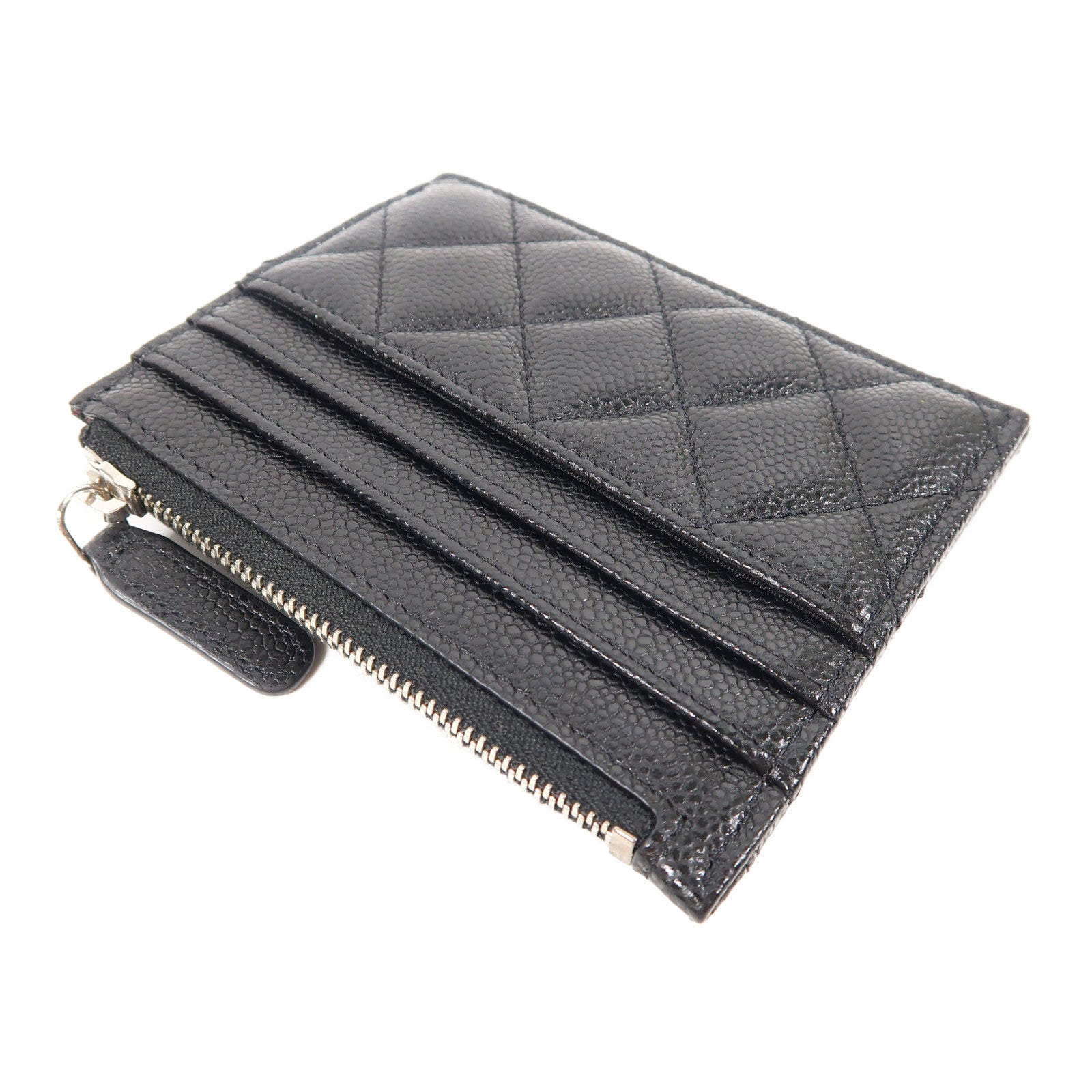 CHANEL 菱格Caviar皮革Card case銀扣卡片套黑色