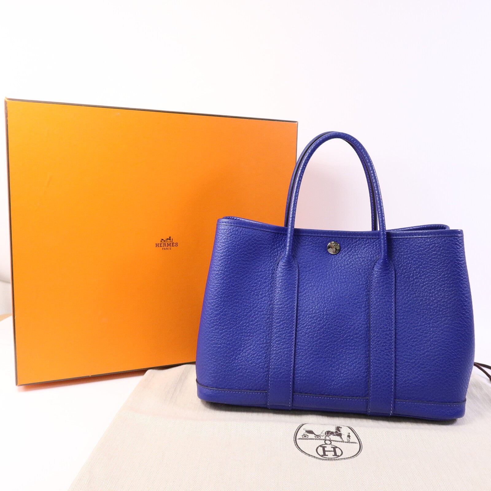 HERMES Clemence皮革Garden Party TPM手挽袋Bleu Electrique