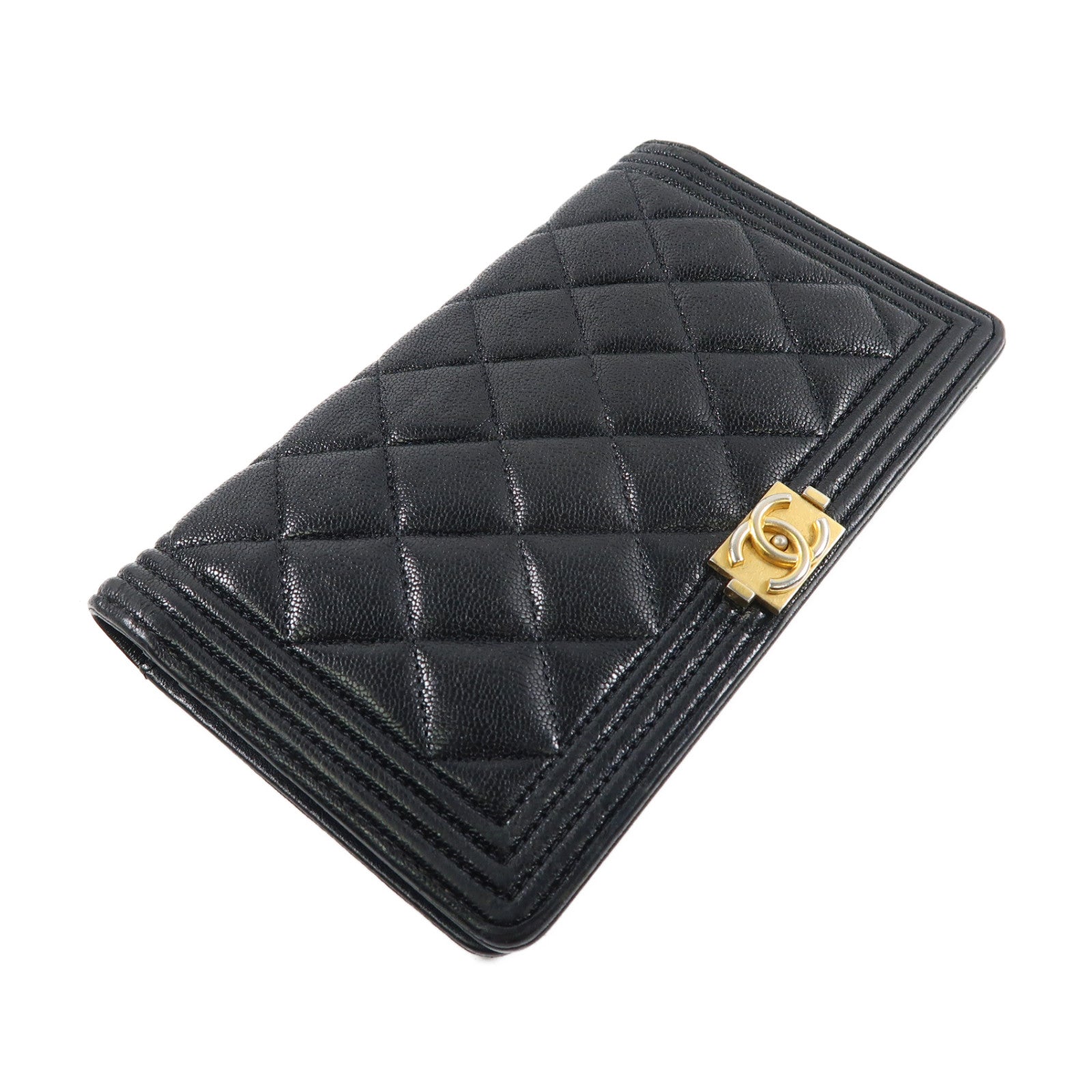 CHANEL 菱格牛皮皮革Boy Long Wallet金扣長錢包黑色