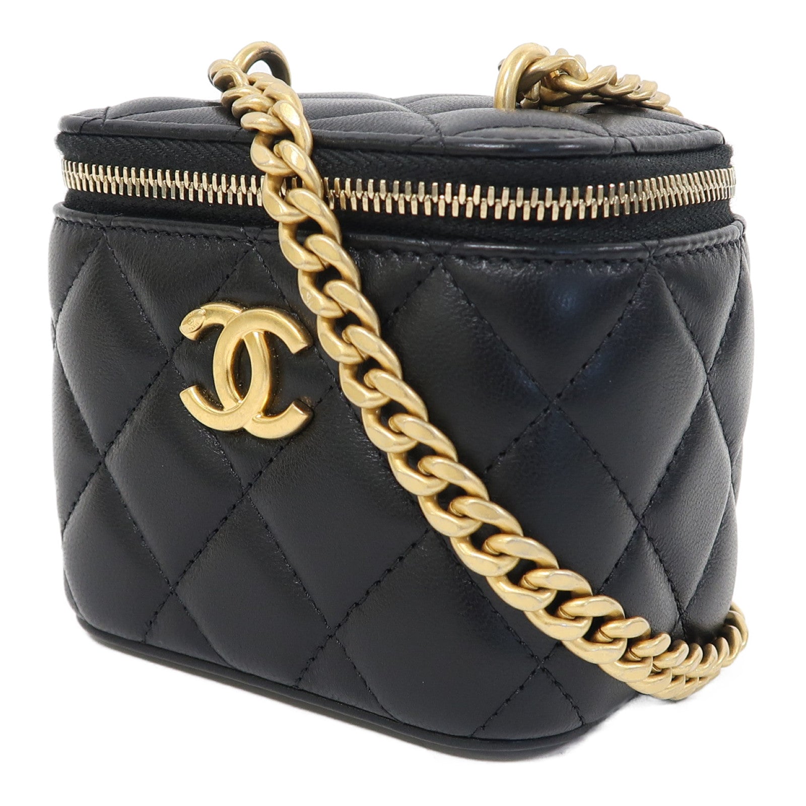 CHANEL 菱格皮革Vanity Case金扣鏈帶肩背袋黑色