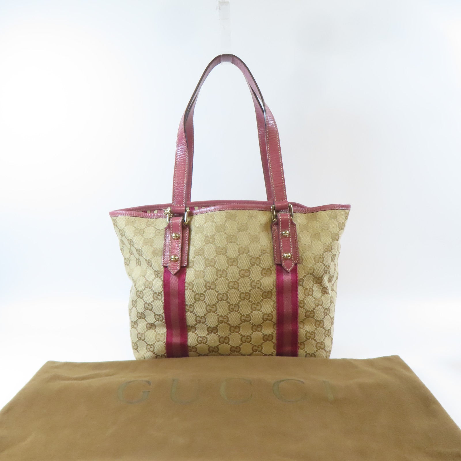 GUCCI 帆布銀扣手挽袋粉紅色/啡色