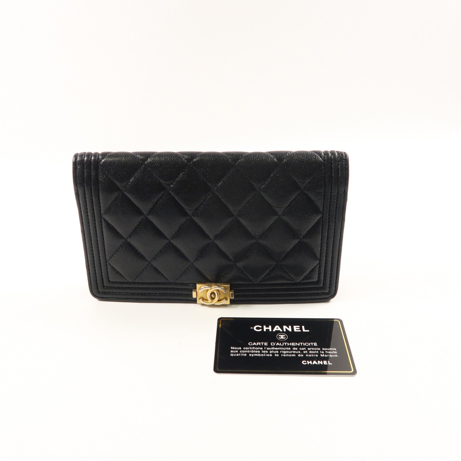 CHANEL 菱格牛皮皮革Boy Long Wallet金扣長錢包黑色