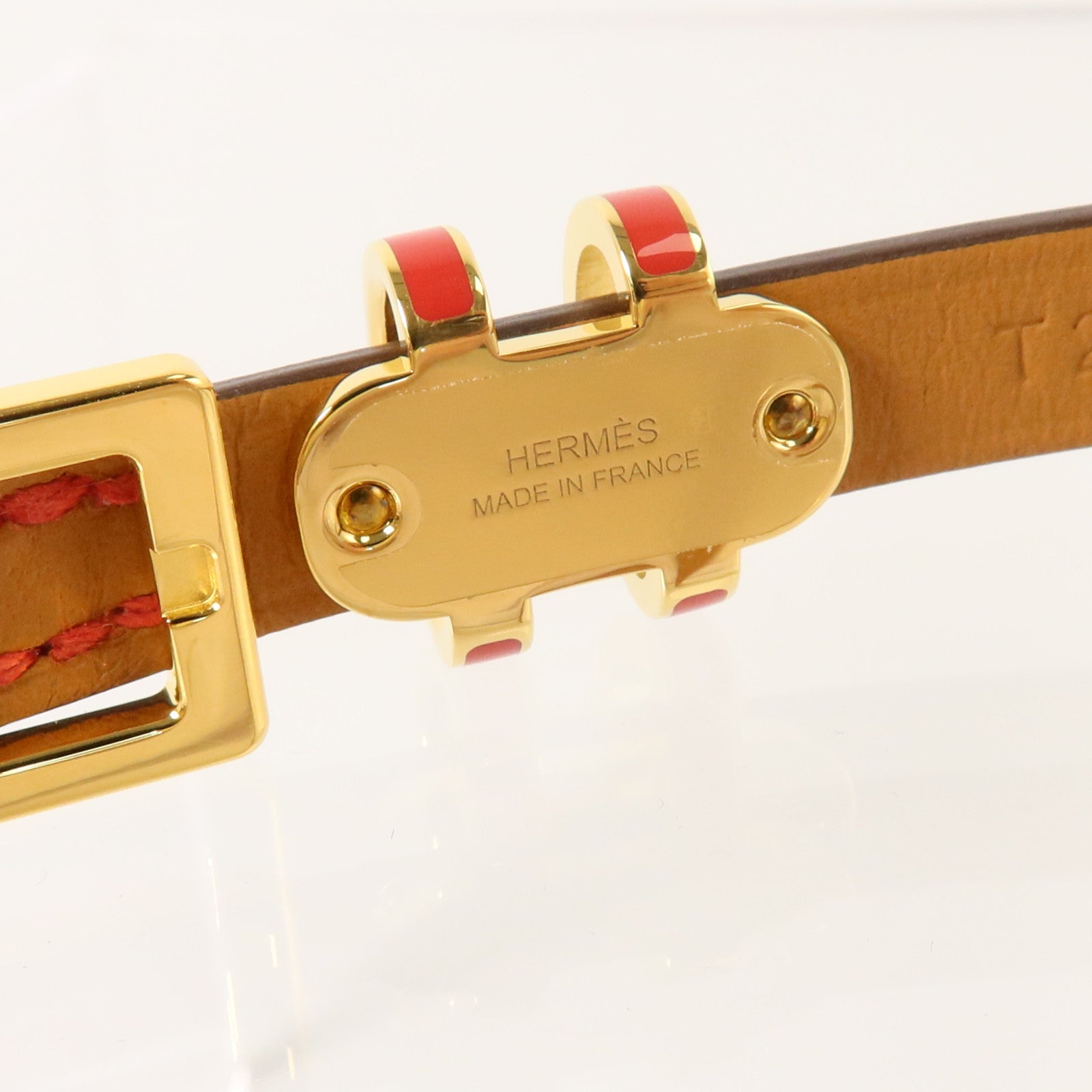 HERMES Chevre皮革Pop H Double Tour Bracelet金扣手鏈Rouge Casaque