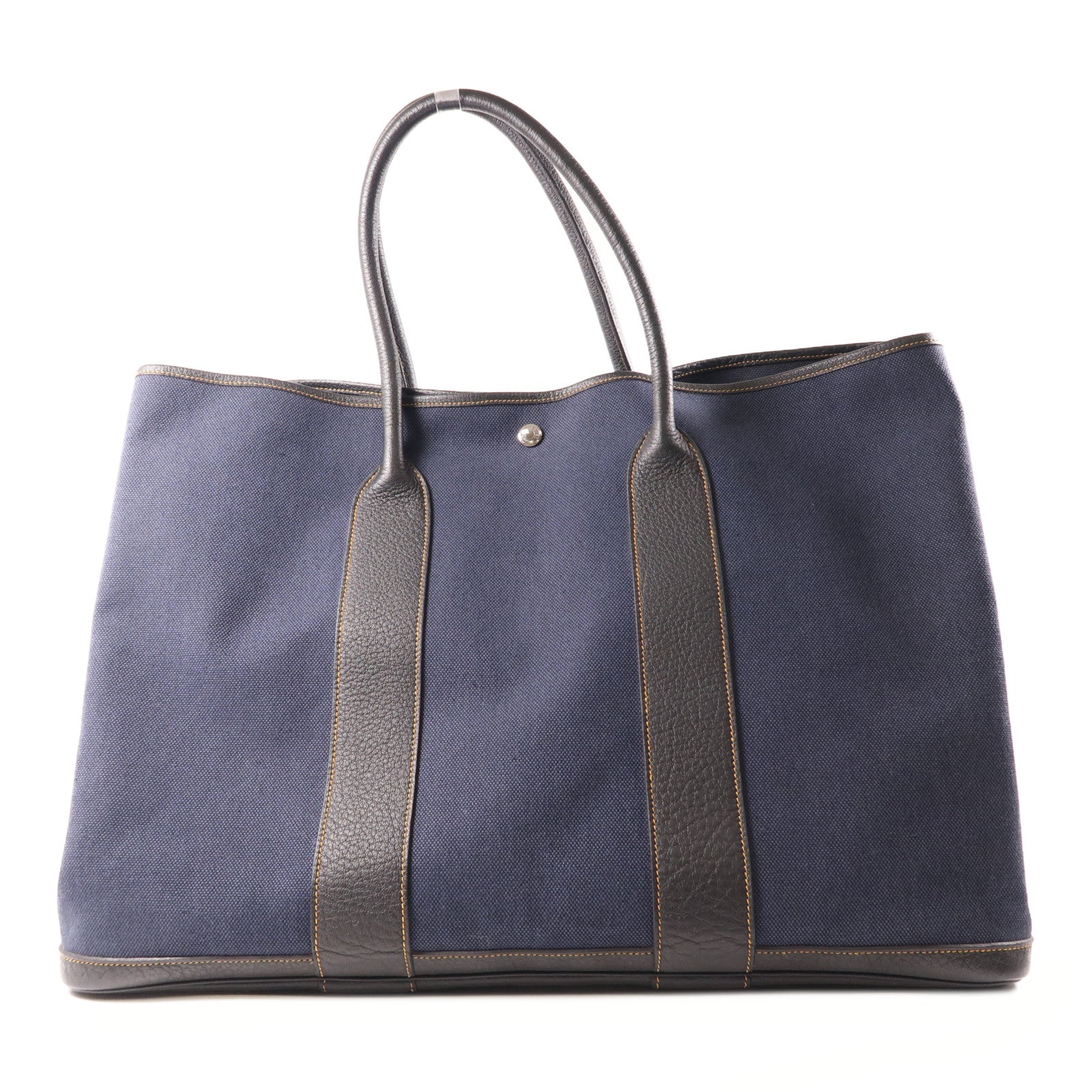 HERMES 帆布Garden GM銀扣手挽袋深藍色/黑色