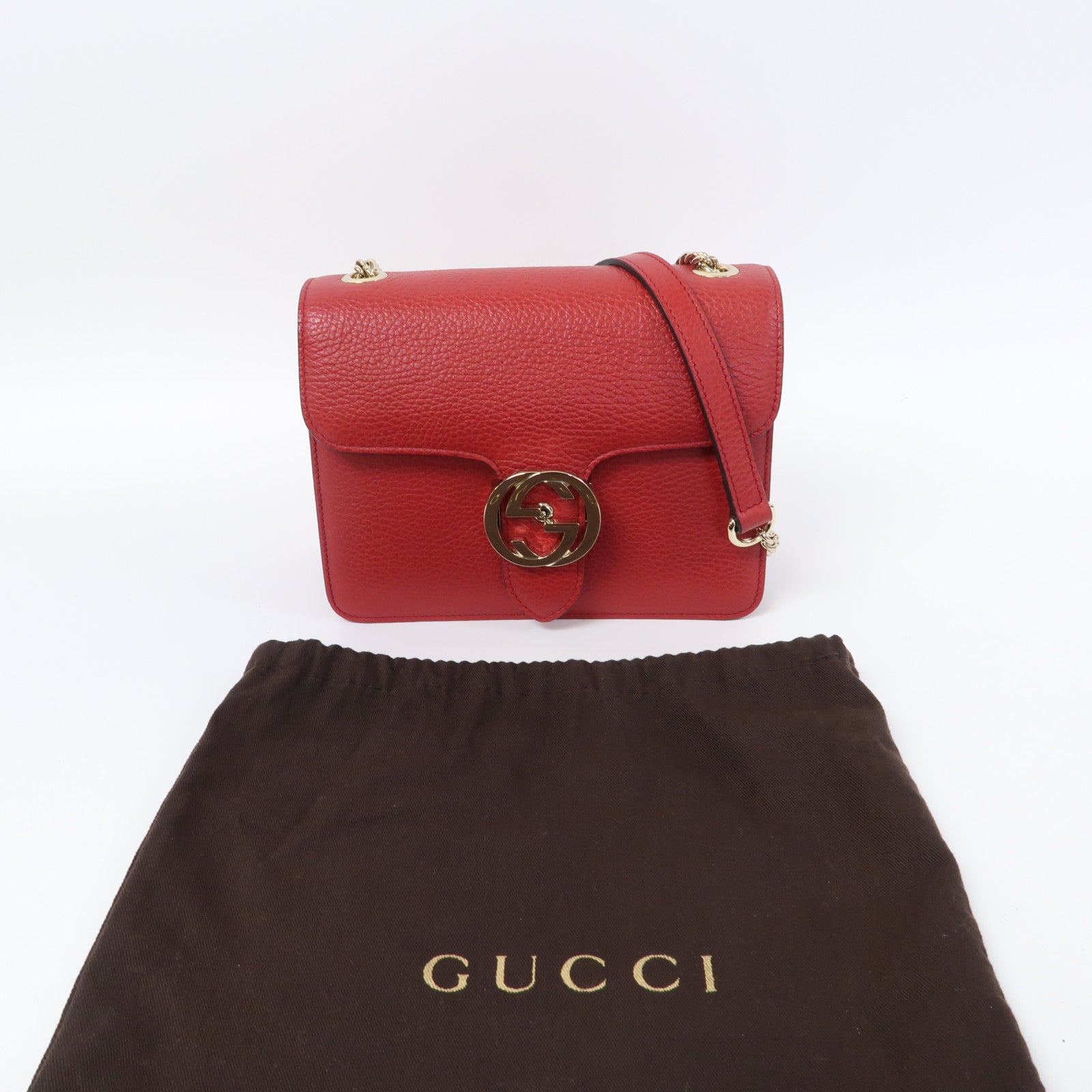 GUCCI 【激減優惠】牛皮皮革Interlocking G金扣鏈帶肩背袋紅色