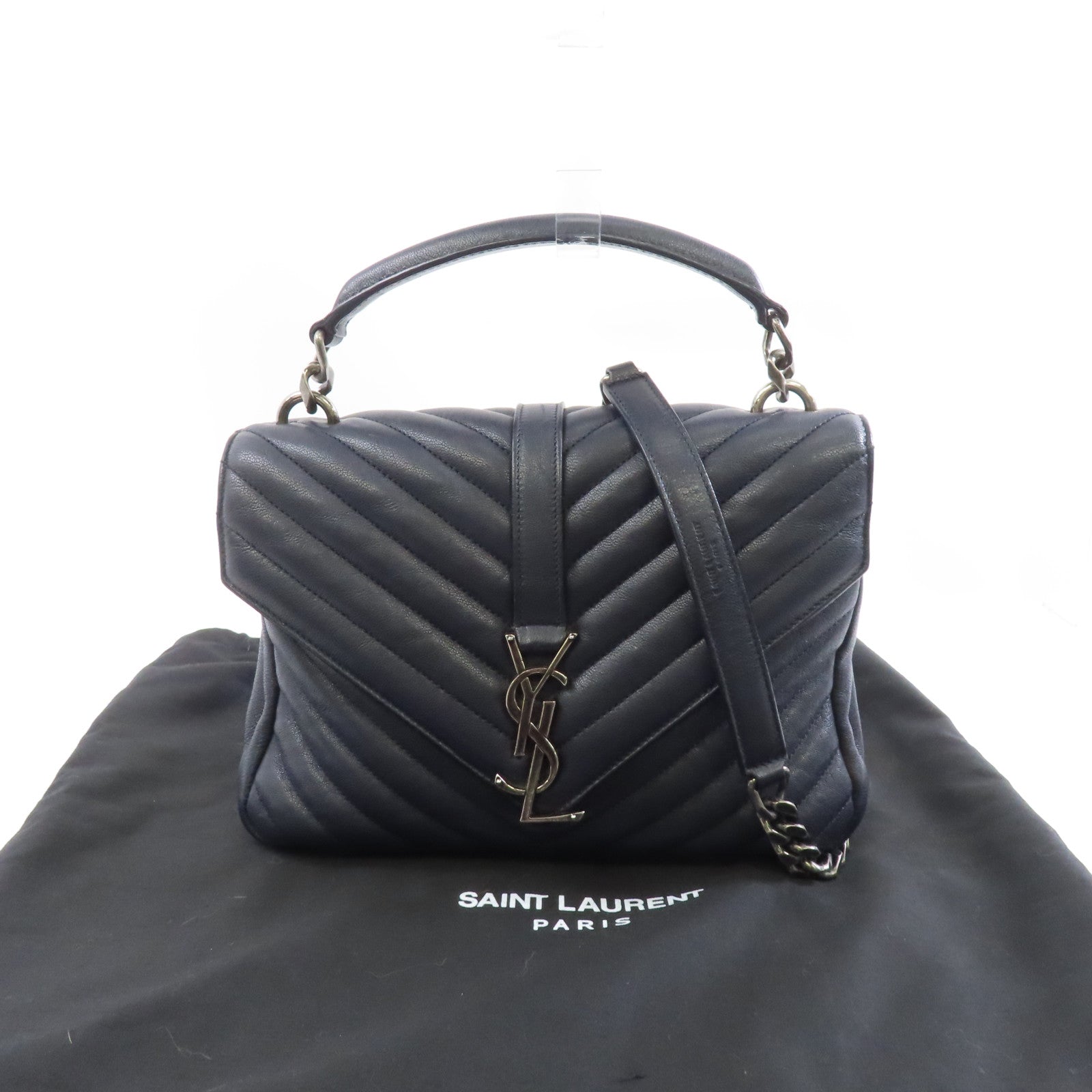 SAINT LAURENT 牛皮皮革2 Way Shoulder銀扣手挽肩背兩用袋深藍色