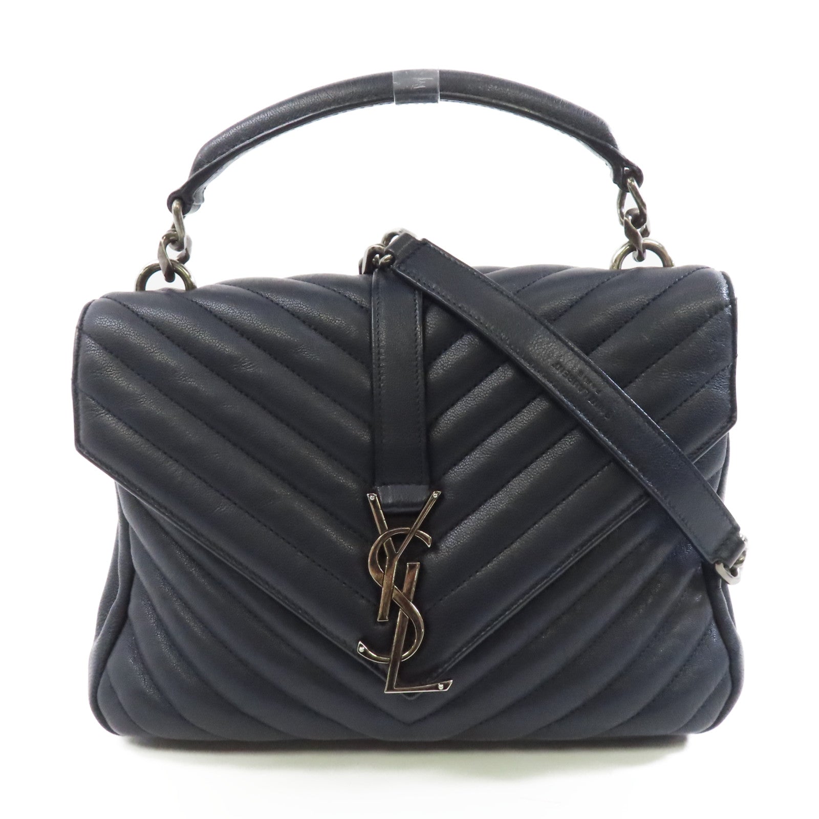SAINT LAURENT 牛皮皮革2 Way Shoulder銀扣手挽肩背兩用袋深藍色
