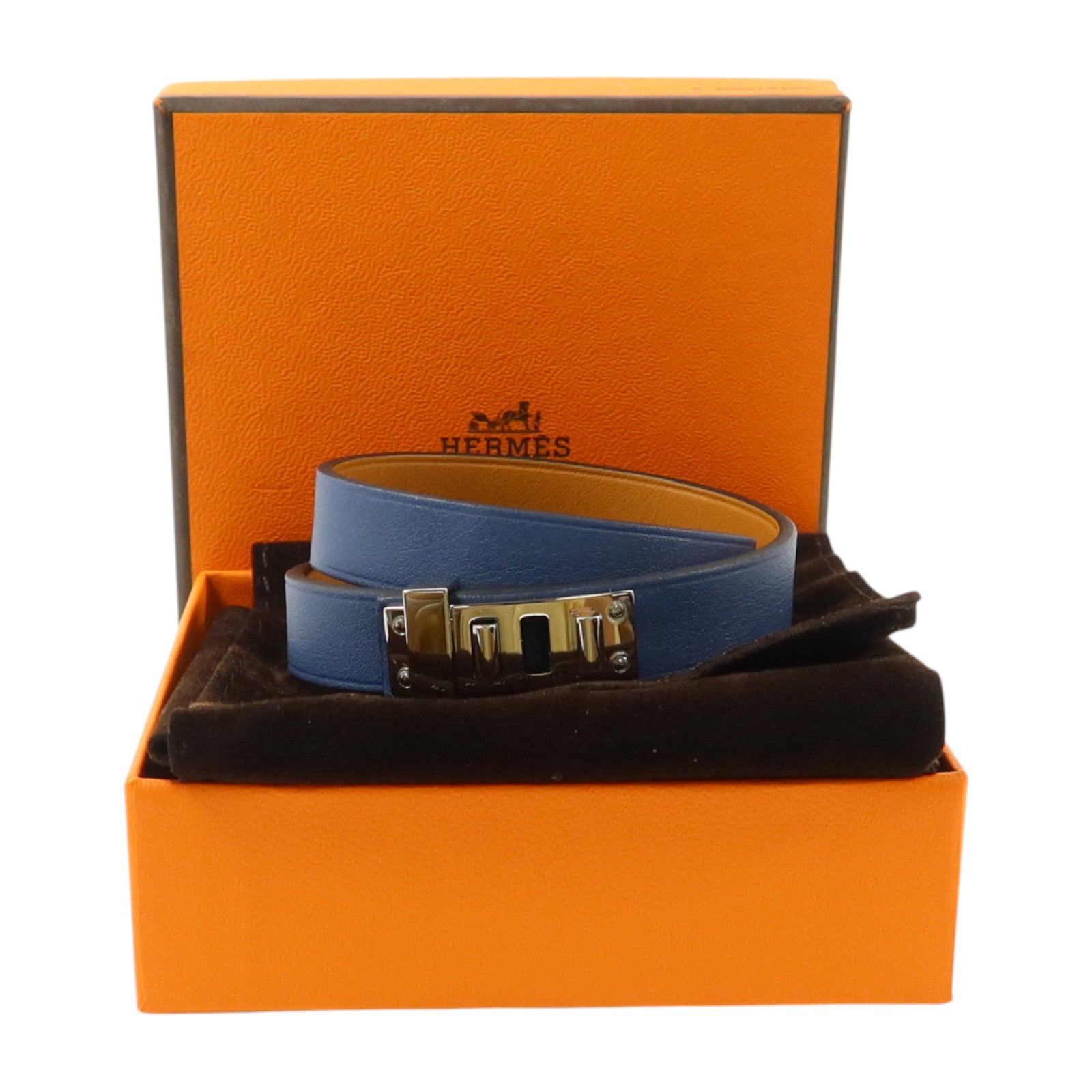 HERMES Swift皮革Mini Dog Double Tour Bracelet銀扣手鏈Bleu Brighton