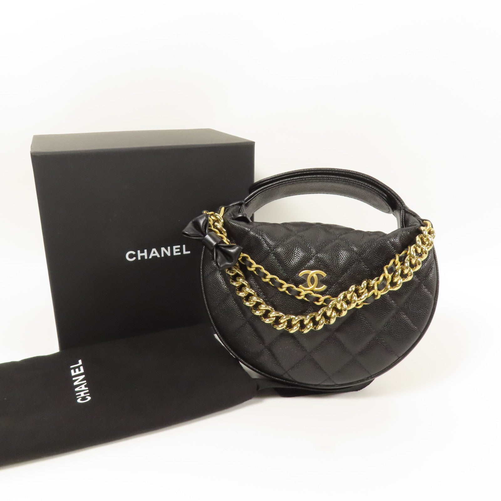 CHANEL 牛皮皮革Hobo Pouch金扣鏈帶手挽袋