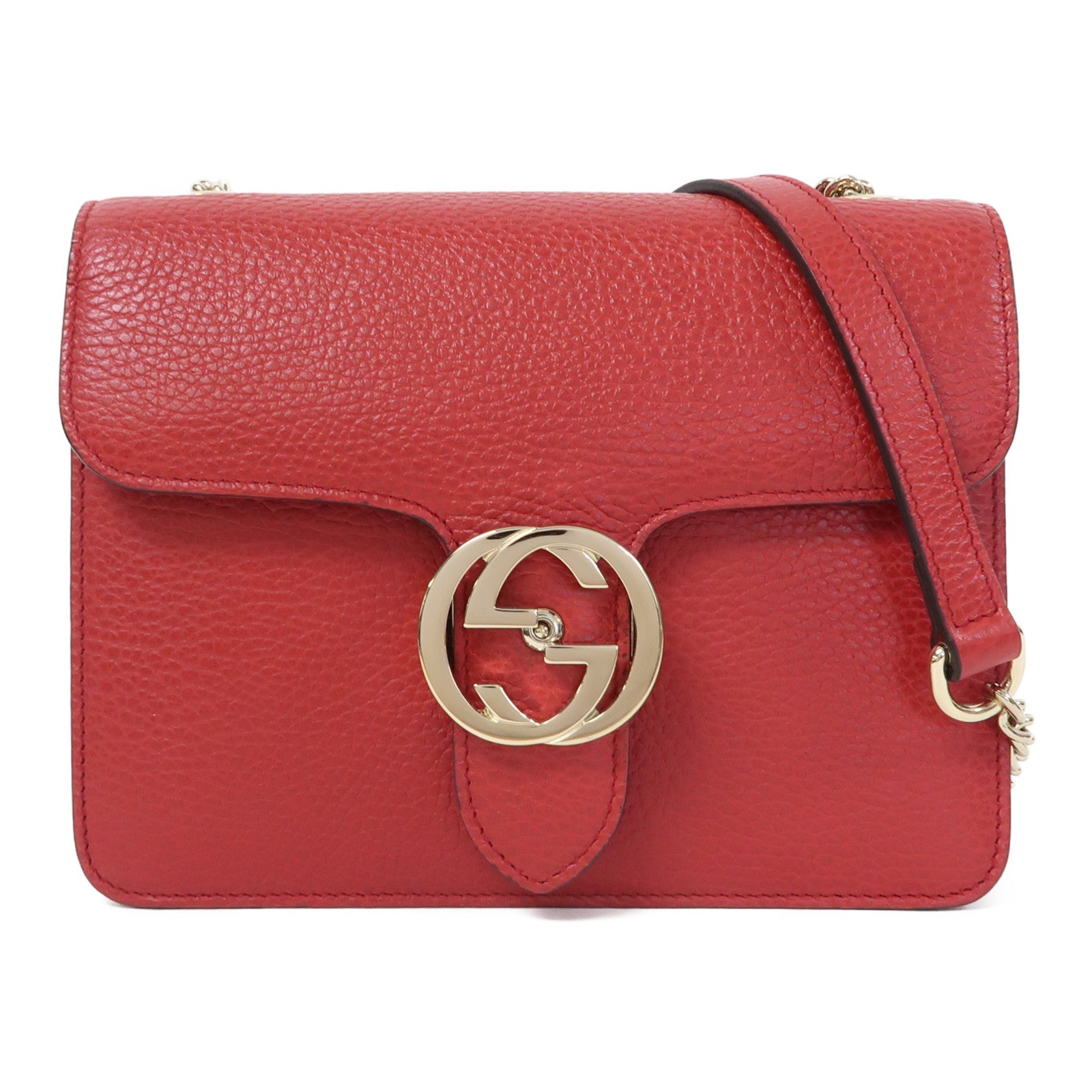 GUCCI 【激減優惠】牛皮皮革Interlocking G金扣鏈帶肩背袋紅色