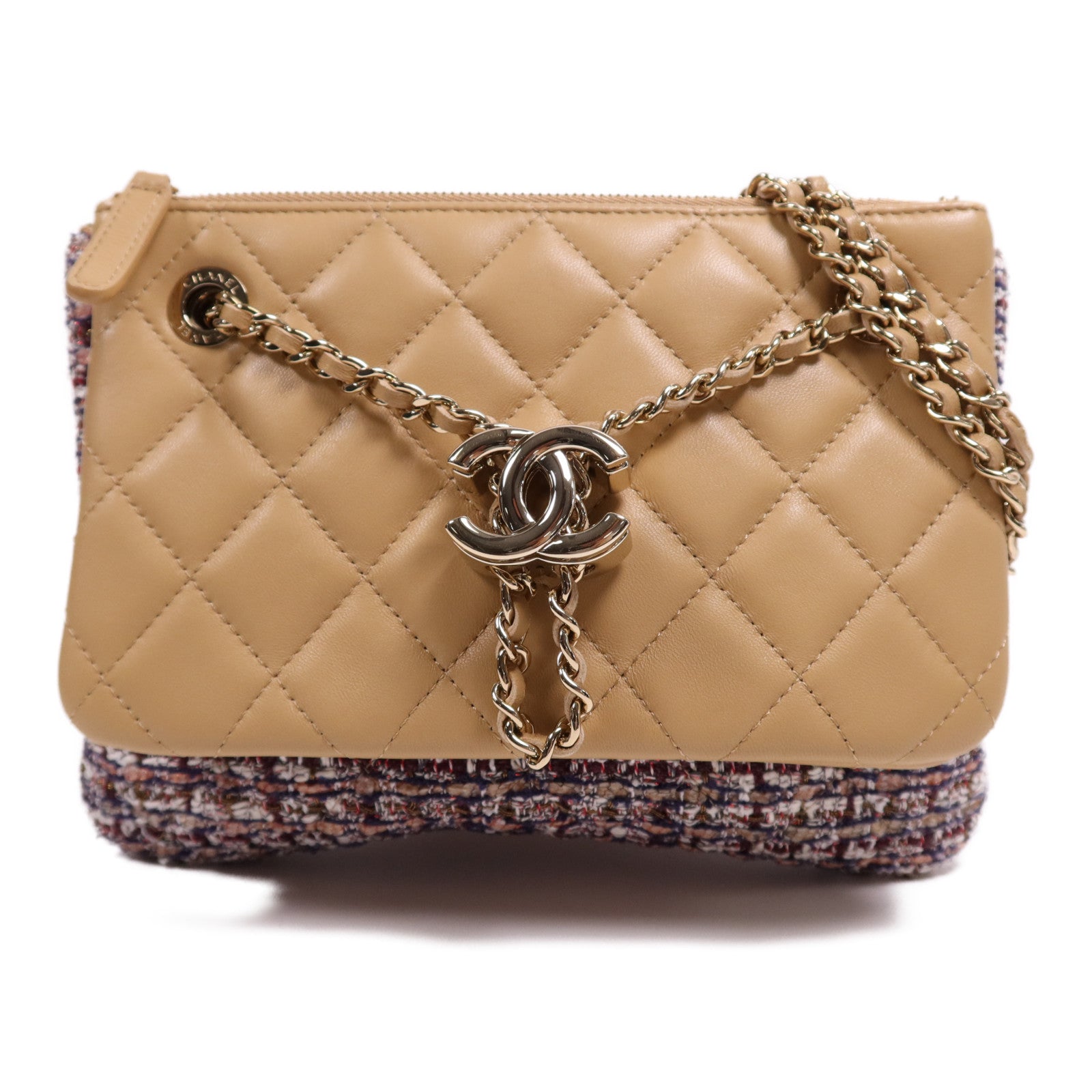 CHANEL 斜紋軟呢/羊皮皮革Chain Shoulder Bag金扣鏈帶肩背袋