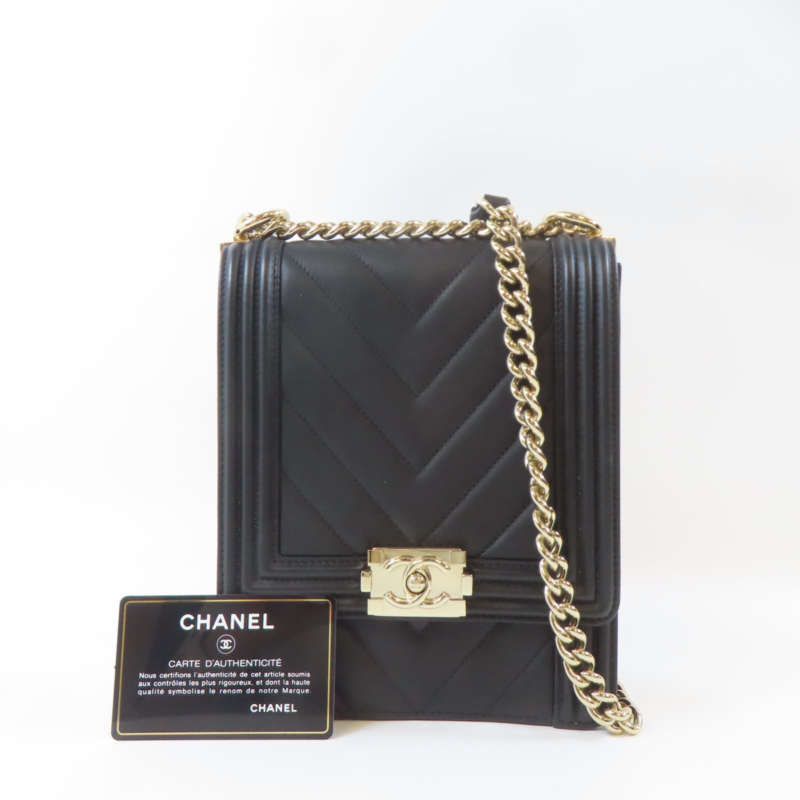 CHANEL 斜紋羊皮皮革Boy Chain Shoulder金扣鏈帶肩背袋黑色