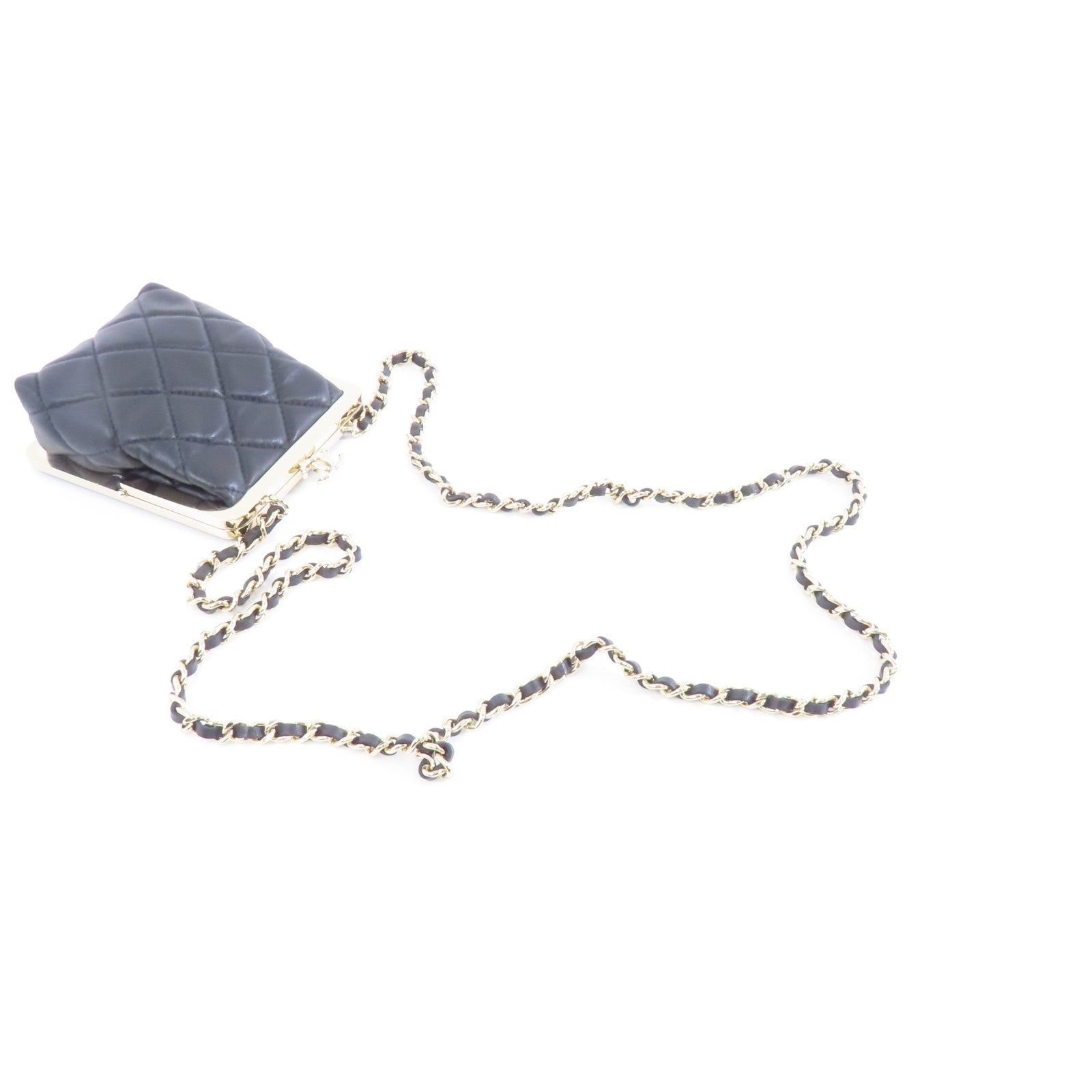 CHANEL 菱格羊皮皮革Chain Shoulder金扣鏈帶肩背袋黑色