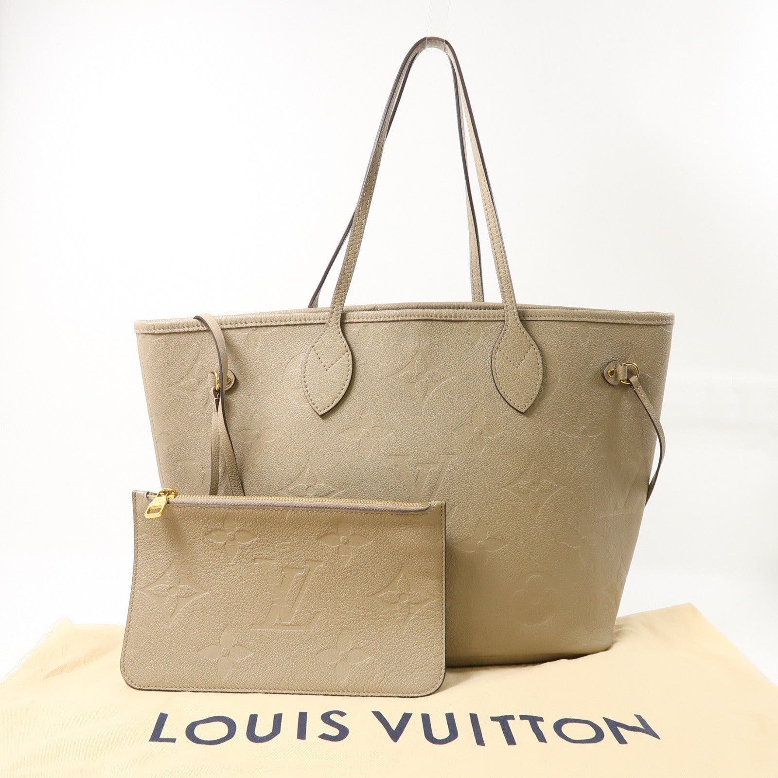 LOUIS VUITTON Monogram Empreinte Neverfull MM金扣肩背袋米色