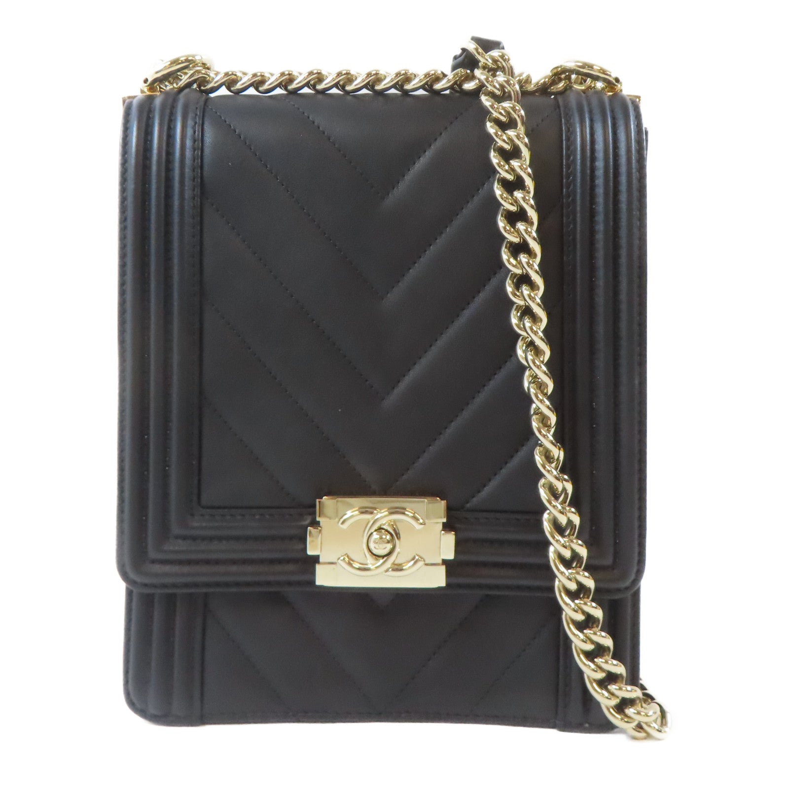 CHANEL 斜紋羊皮皮革Boy Chain Shoulder金扣鏈帶肩背袋黑色