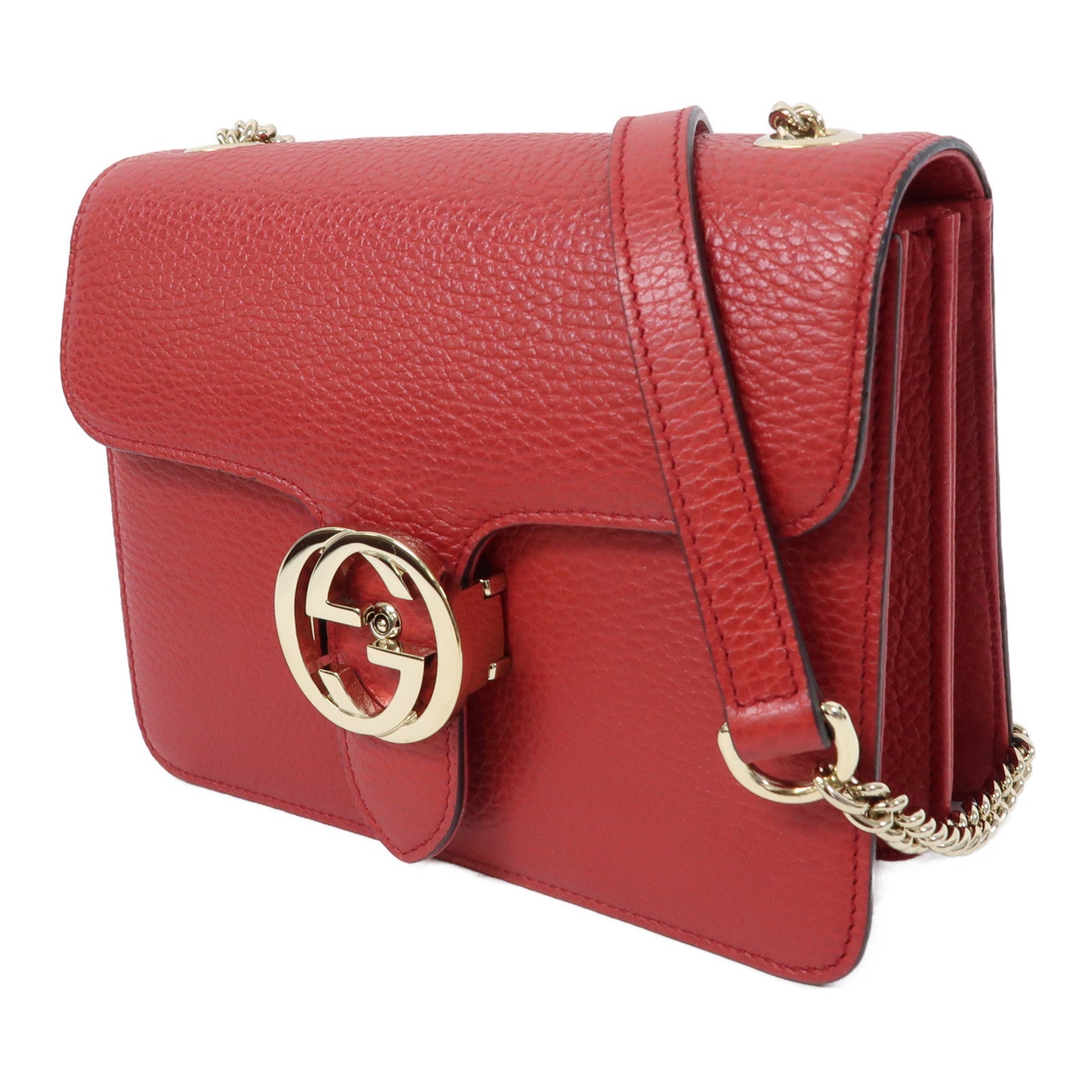 GUCCI 【激減優惠】牛皮皮革Interlocking G金扣鏈帶肩背袋紅色