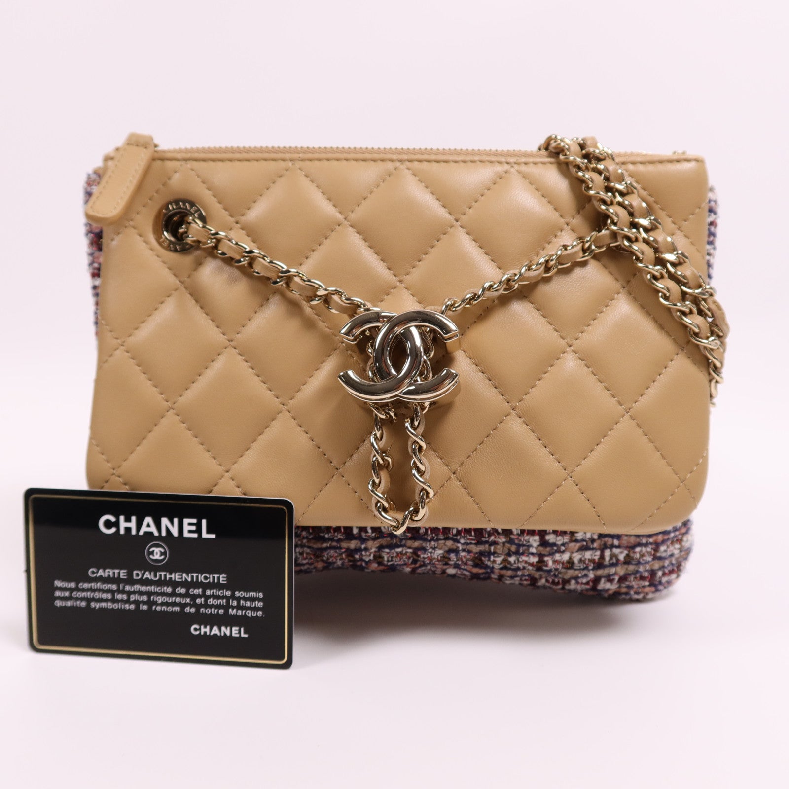 CHANEL 斜紋軟呢/羊皮皮革Chain Shoulder Bag金扣鏈帶肩背袋