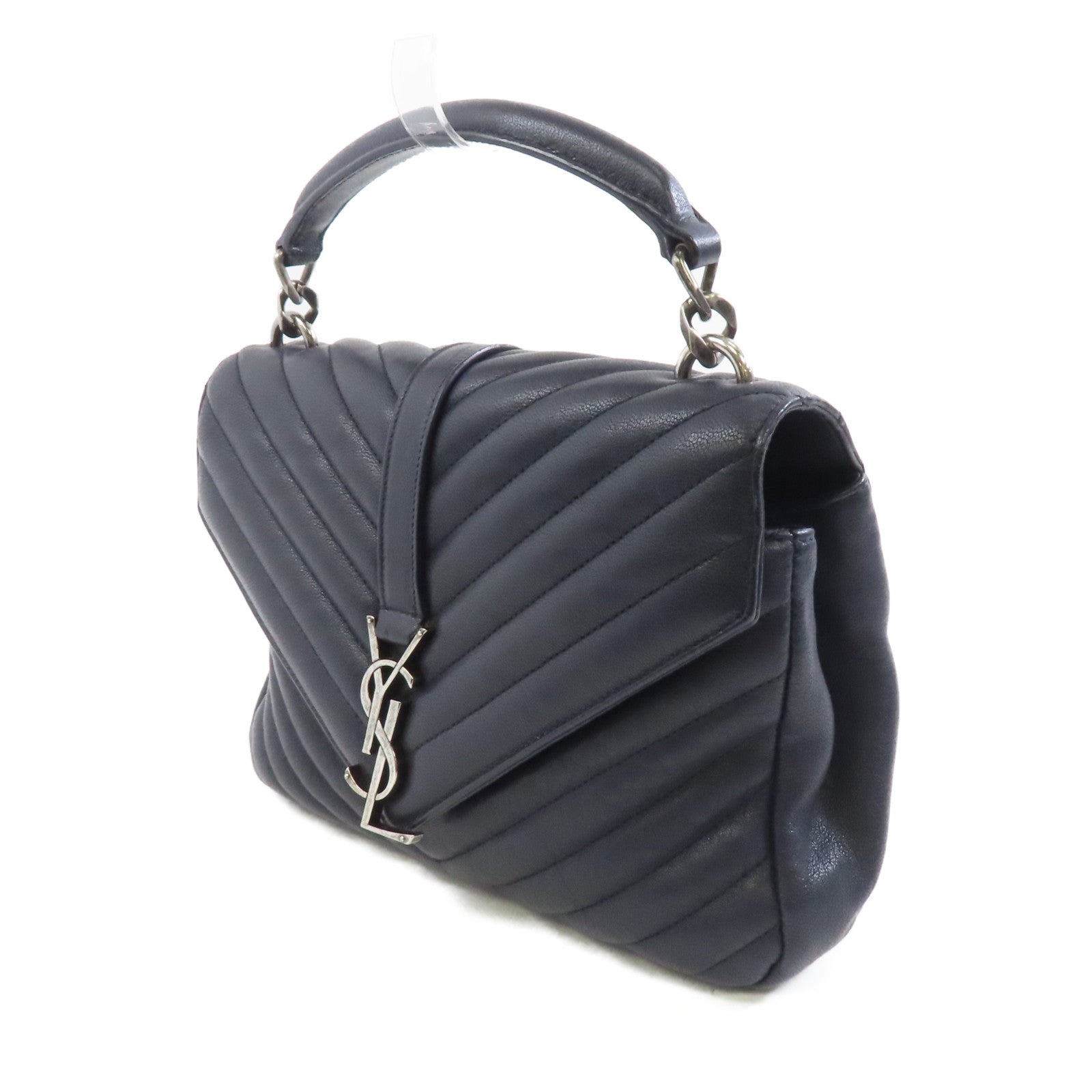 SAINT LAURENT 牛皮皮革2 Way Shoulder銀扣手挽肩背兩用袋深藍色