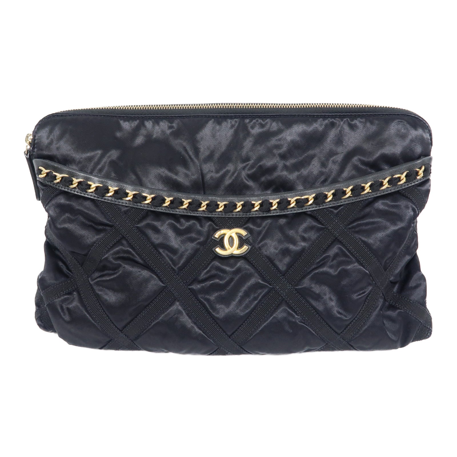 CHANEL 皮革/絲質Pouch Tote Bag手挽袋黑色