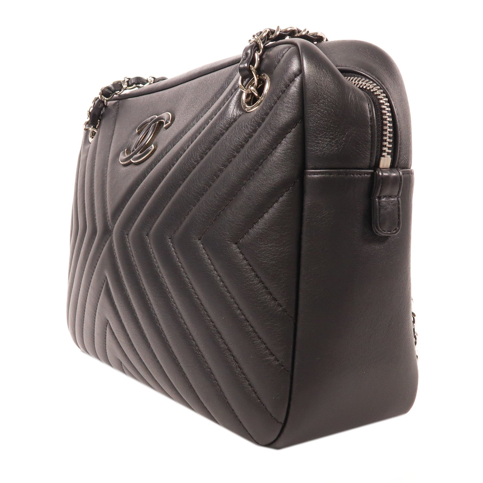 CHANEL 羊皮皮革Chain Shoulder銀扣肩背袋黑色