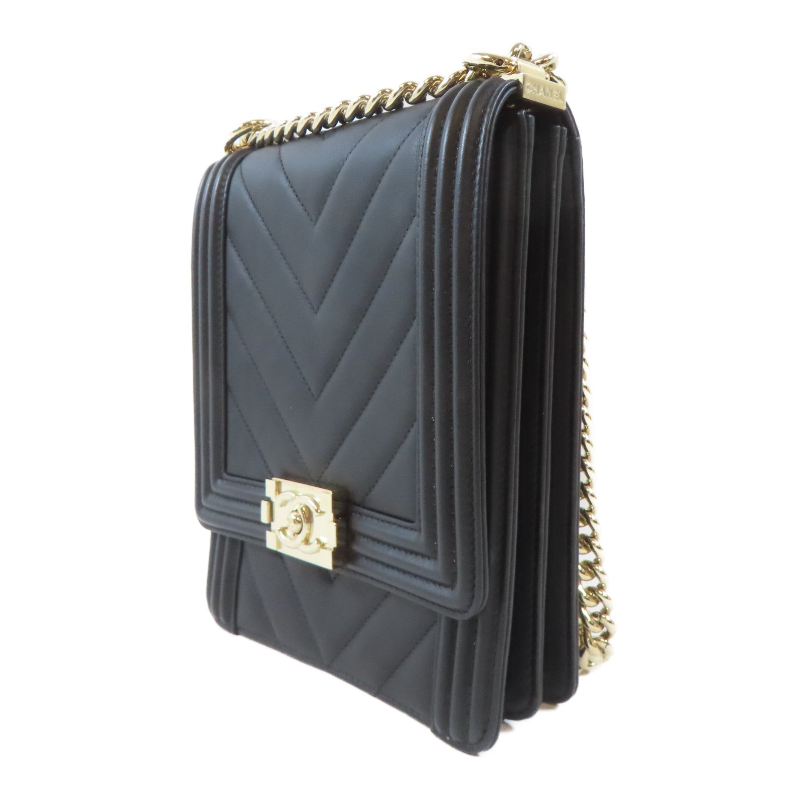 CHANEL 斜紋羊皮皮革Boy Chain Shoulder金扣鏈帶肩背袋黑色