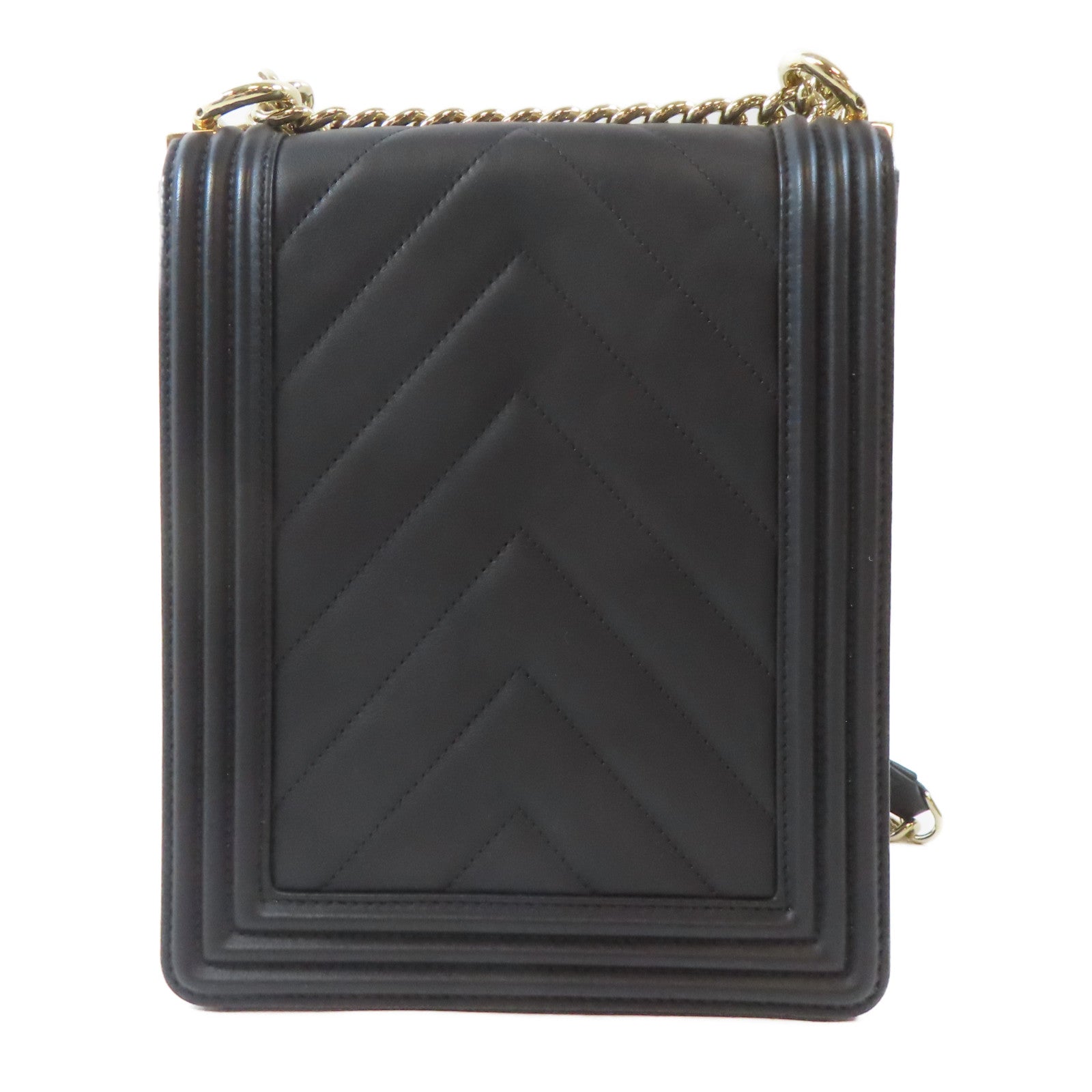 CHANEL 斜紋羊皮皮革Boy Chain Shoulder金扣鏈帶肩背袋黑色