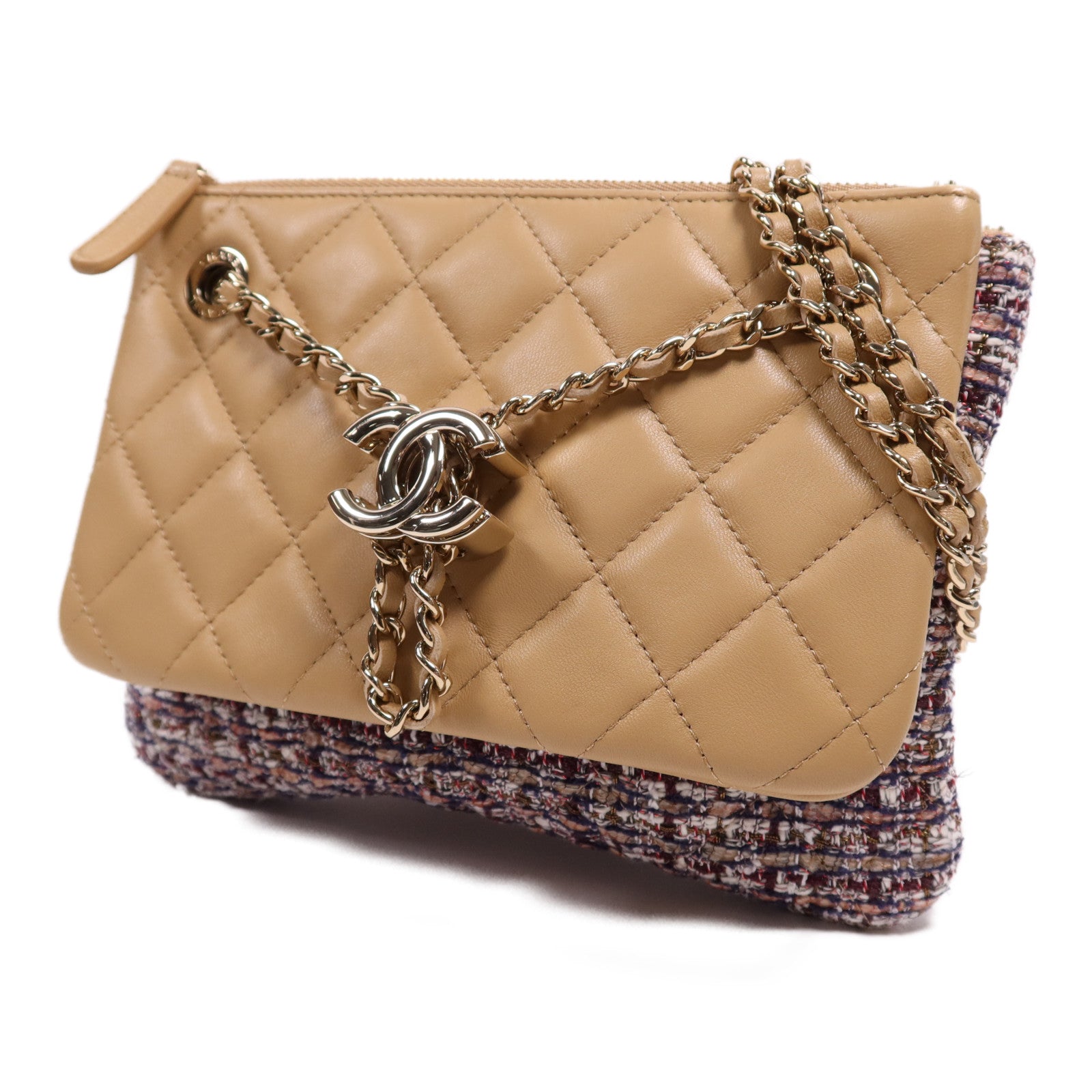 CHANEL 斜紋軟呢/羊皮皮革Chain Shoulder Bag金扣鏈帶肩背袋