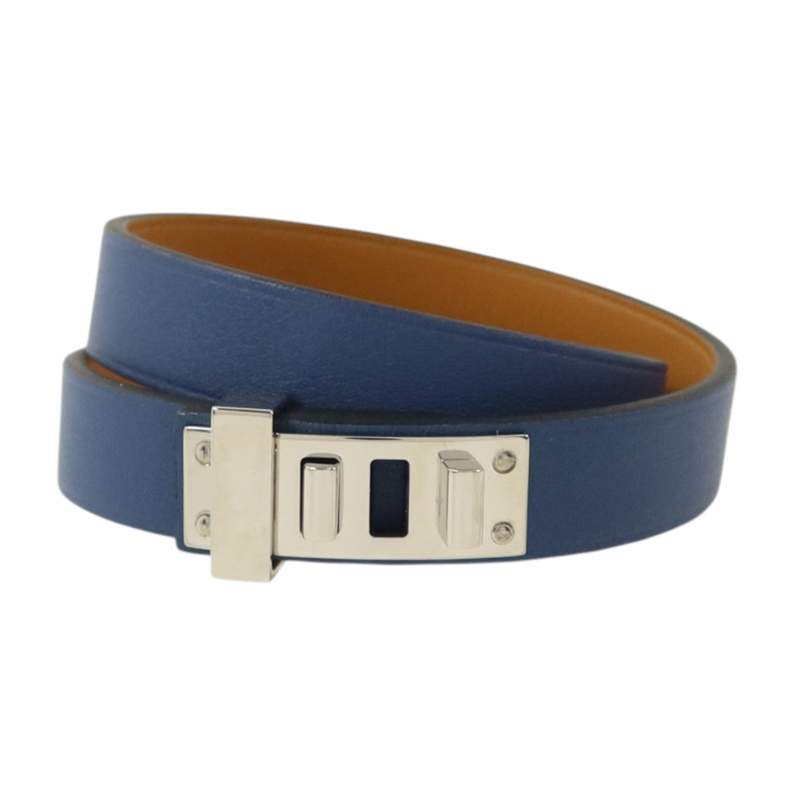 HERMES Swift皮革Mini Dog Double Tour Bracelet銀扣手鏈Bleu Brighton