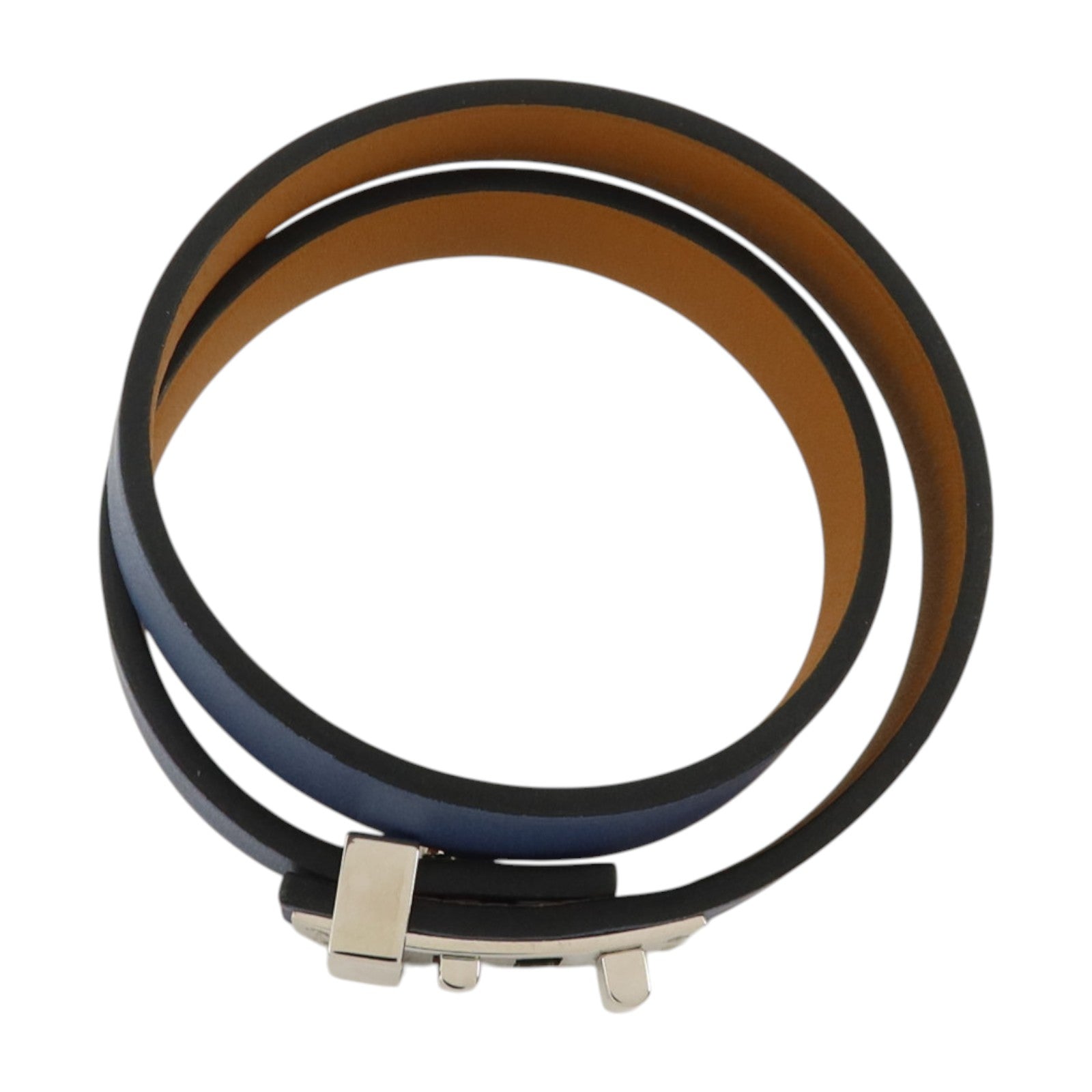 HERMES Swift皮革Mini Dog Double Tour Bracelet銀扣手鏈Bleu Brighton