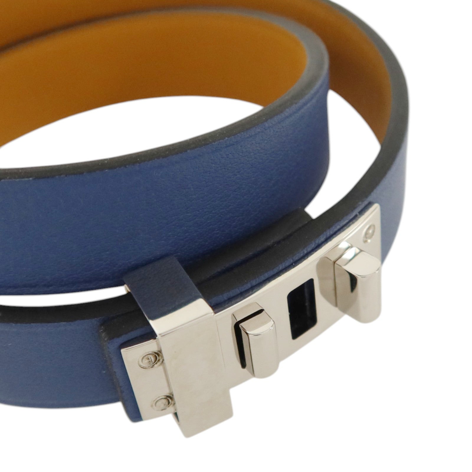 HERMES Swift皮革Mini Dog Double Tour Bracelet銀扣手鏈Bleu Brighton