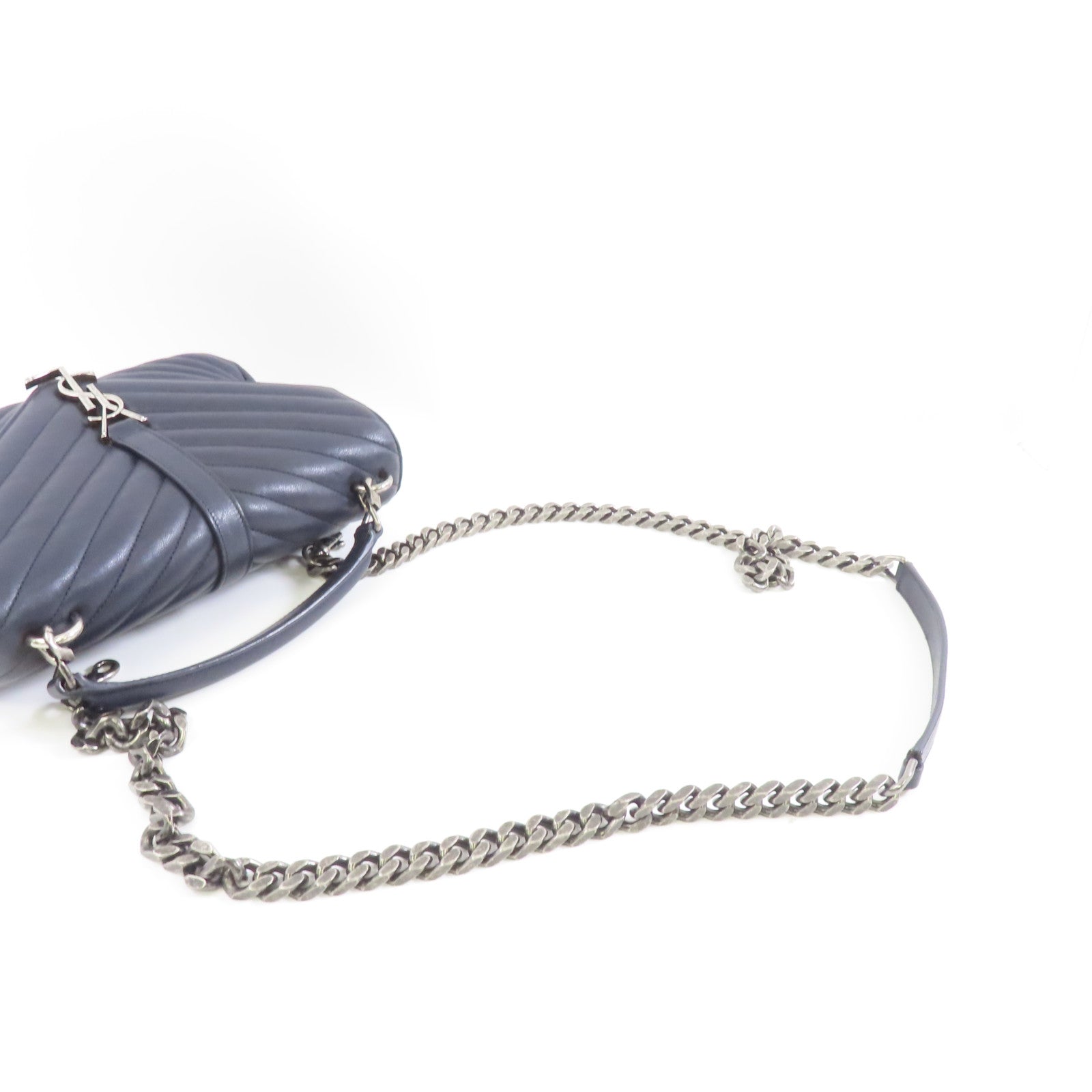 SAINT LAURENT 牛皮皮革2 Way Shoulder銀扣手挽肩背兩用袋深藍色