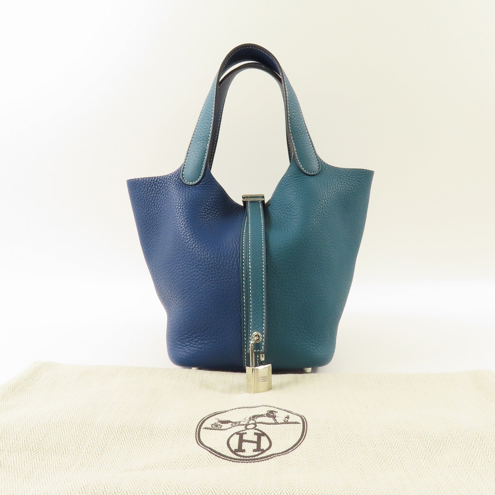 HERMES 【激減優惠】Clemence皮革Picotin PM銀扣手挽袋Vert Bosphore/Deep Blue