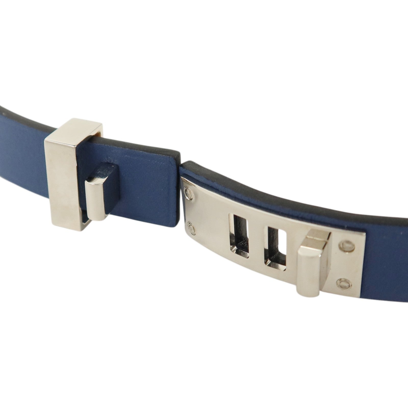 HERMES Swift皮革Mini Dog Double Tour Bracelet銀扣手鏈Bleu Brighton