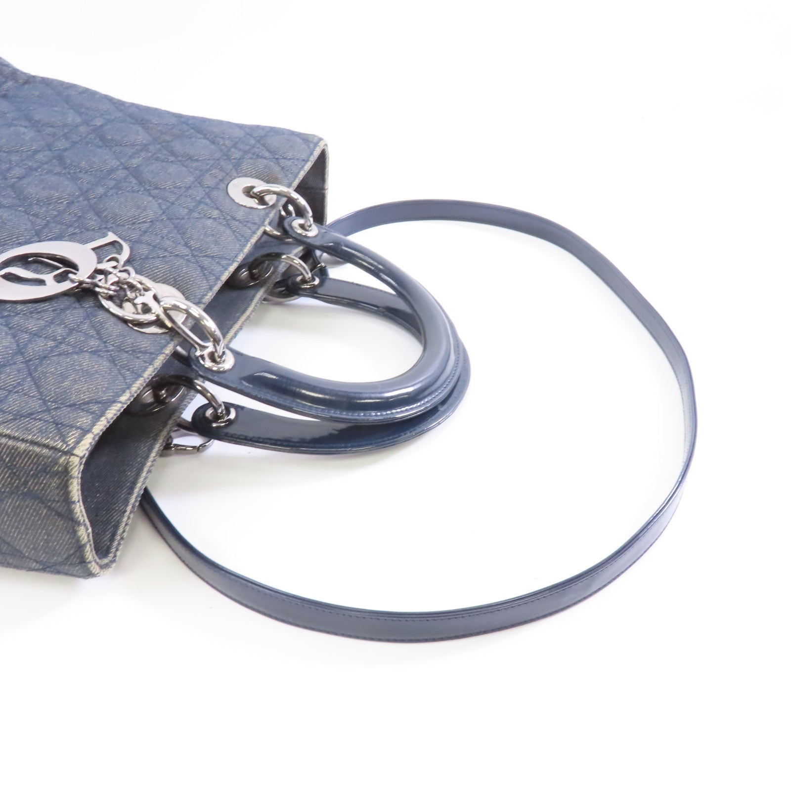 Dior 牛仔布 Lady Dior Bag銀扣手挽肩背兩用袋深藍色