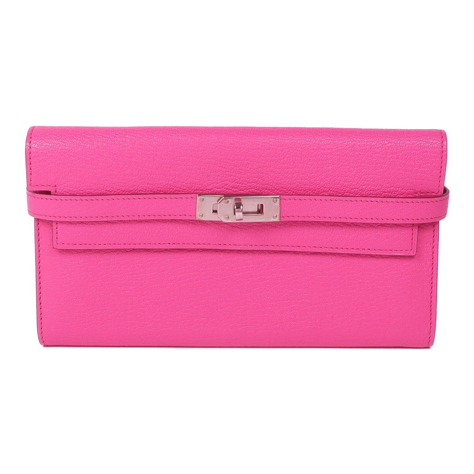 HERMES Chevre皮革Kelly To Go Wallet銀扣長錢包Rose Mexico