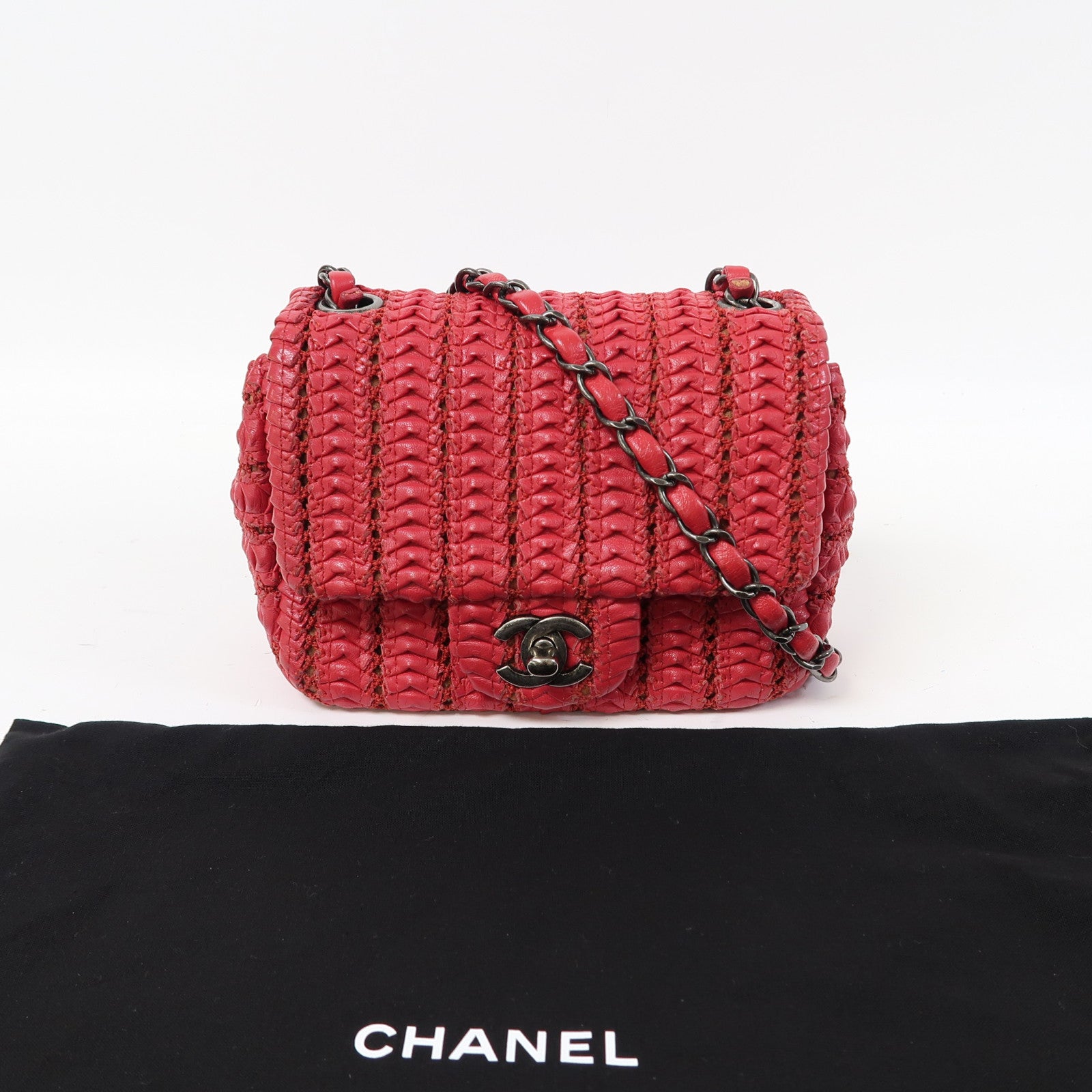 CHANEL 【激減優惠】羊皮皮革Chain Shoulder銀扣鏈帶肩背袋紅色