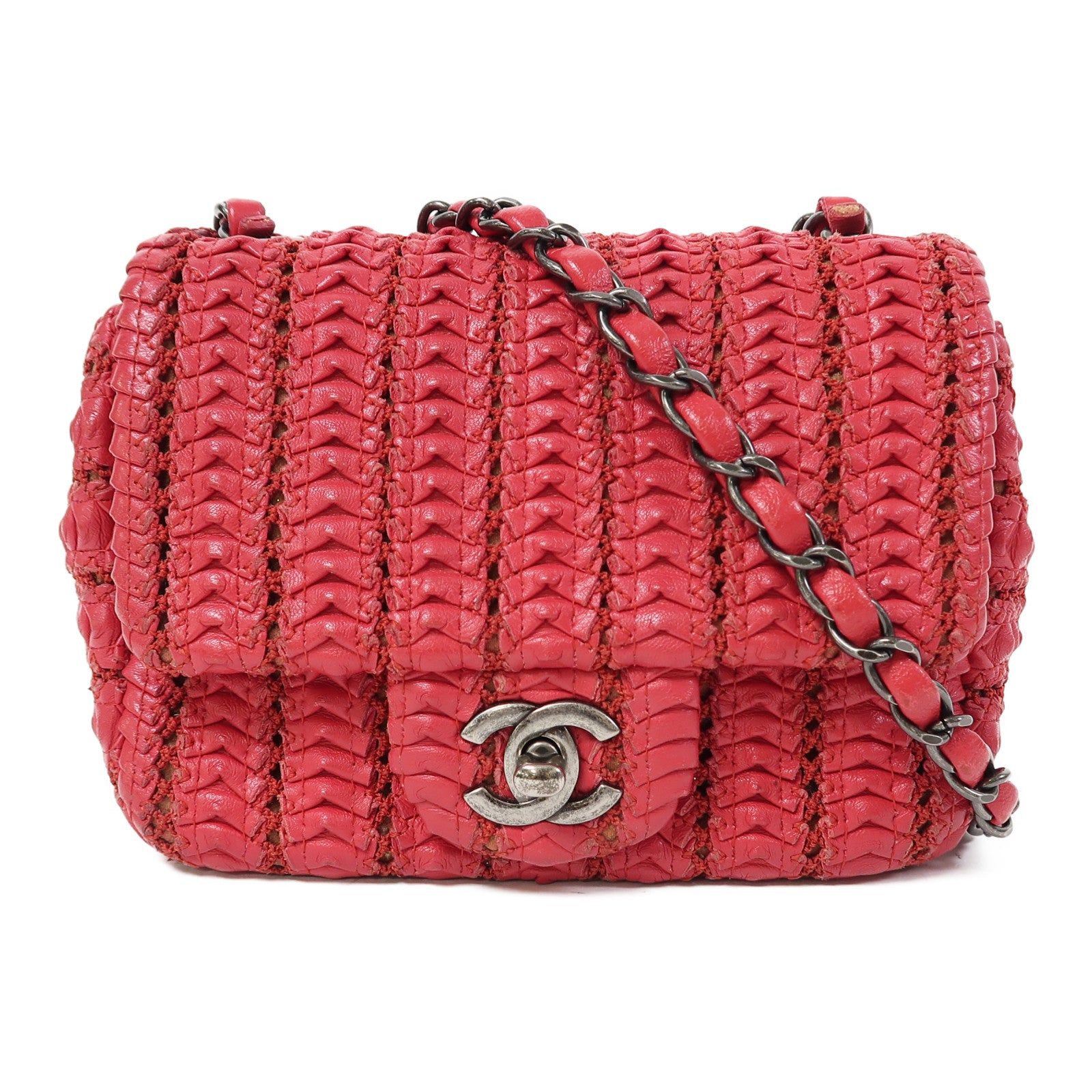 CHANEL 【激減優惠】羊皮皮革Chain Shoulder銀扣鏈帶肩背袋紅色