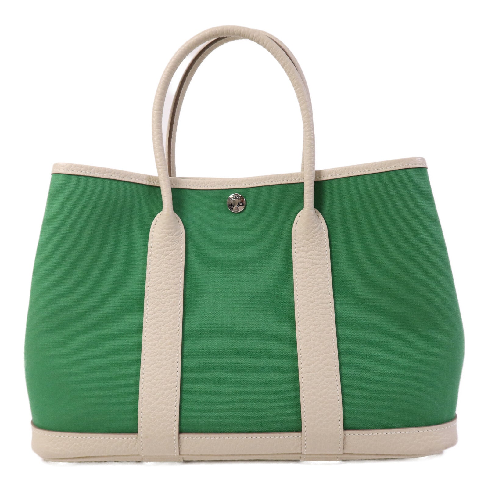 HERMES 帆布Garden Party TPM銀扣手挽袋Cactus/Craie