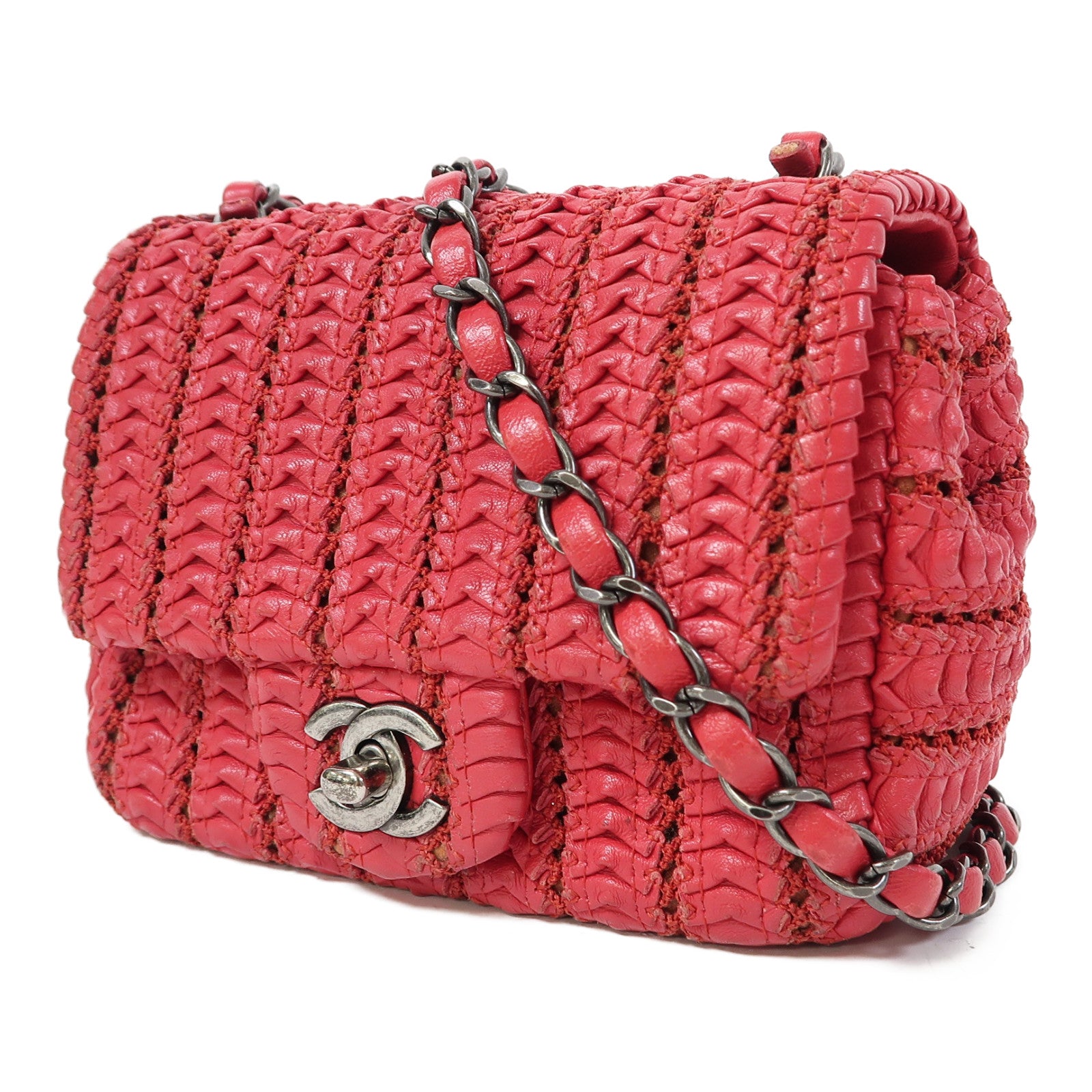 CHANEL 【激減優惠】羊皮皮革Chain Shoulder銀扣鏈帶肩背袋紅色