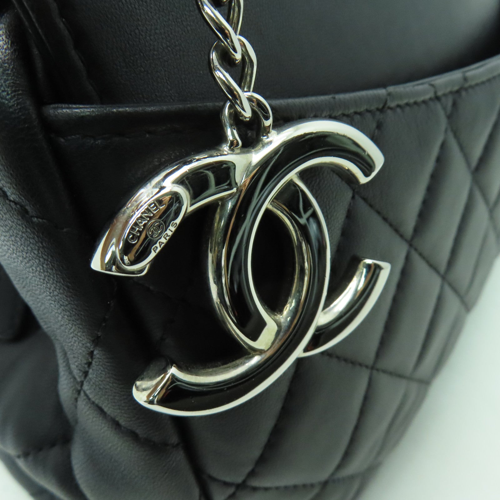CHANEL 菱格牛皮皮革Chain Shoulder銀扣鏈帶肩背袋黑色