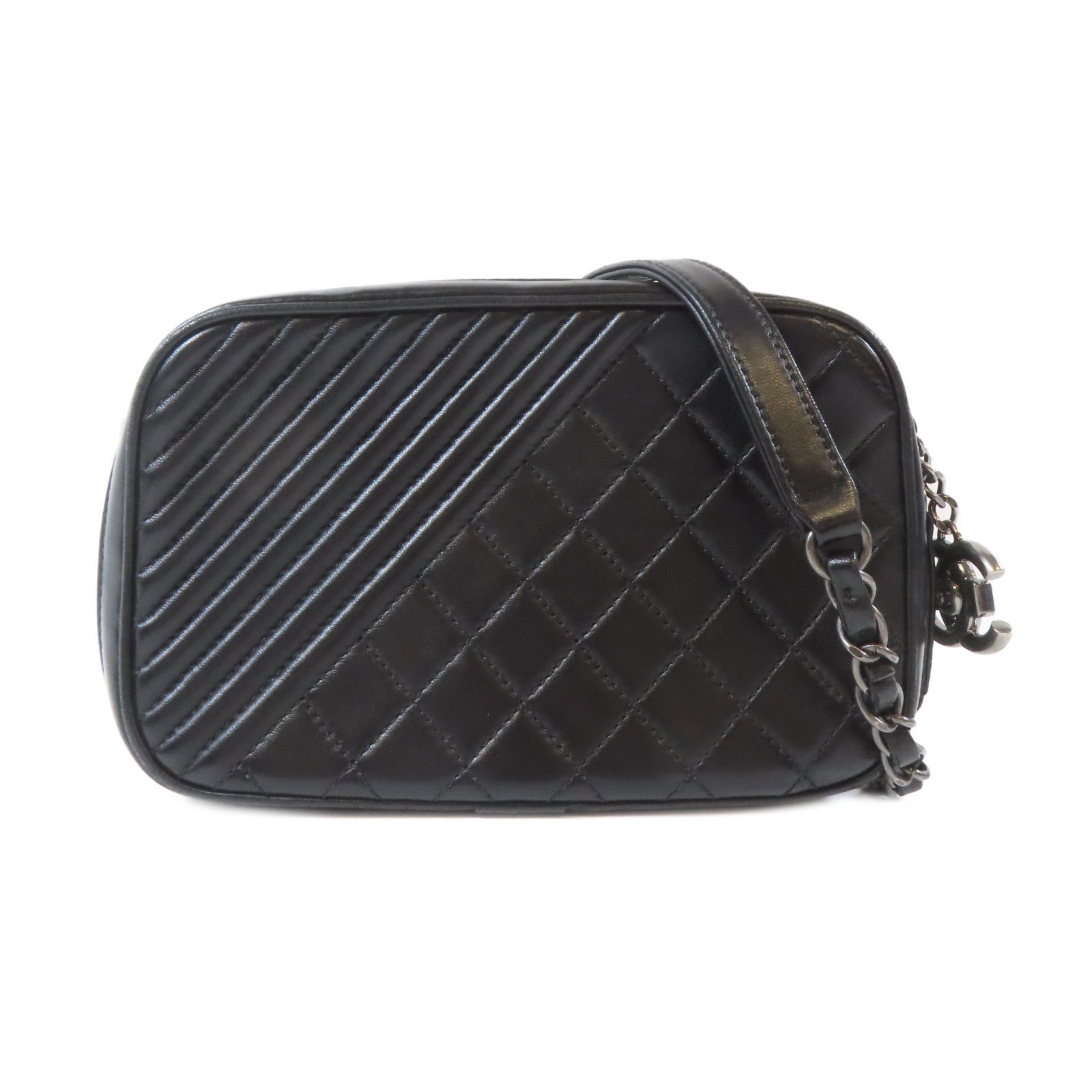 CHANEL 斜紋/菱格牛皮皮革Camera Bag黑扣鏈帶肩背袋黑色