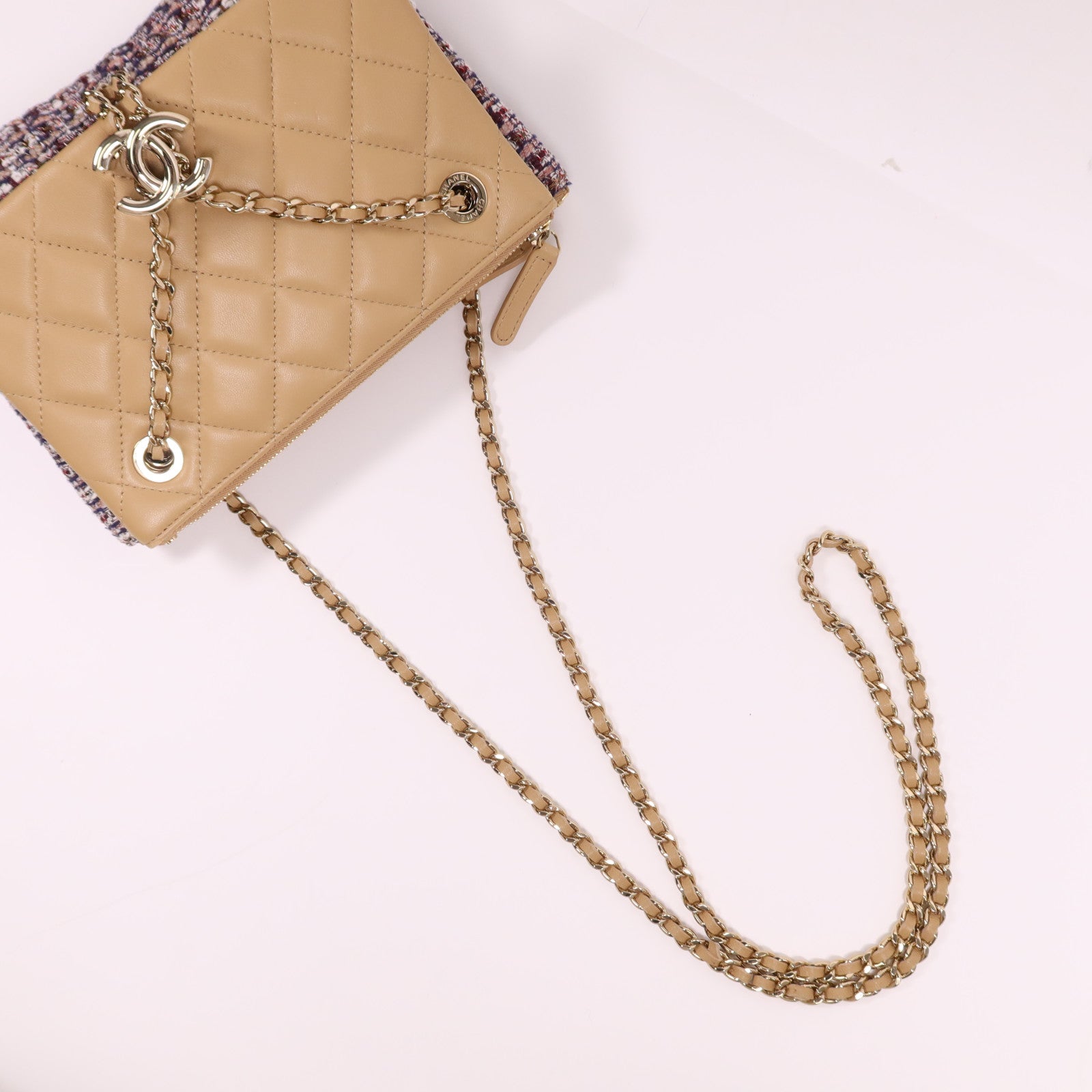 CHANEL 斜紋軟呢/羊皮皮革Chain Shoulder Bag金扣鏈帶肩背袋