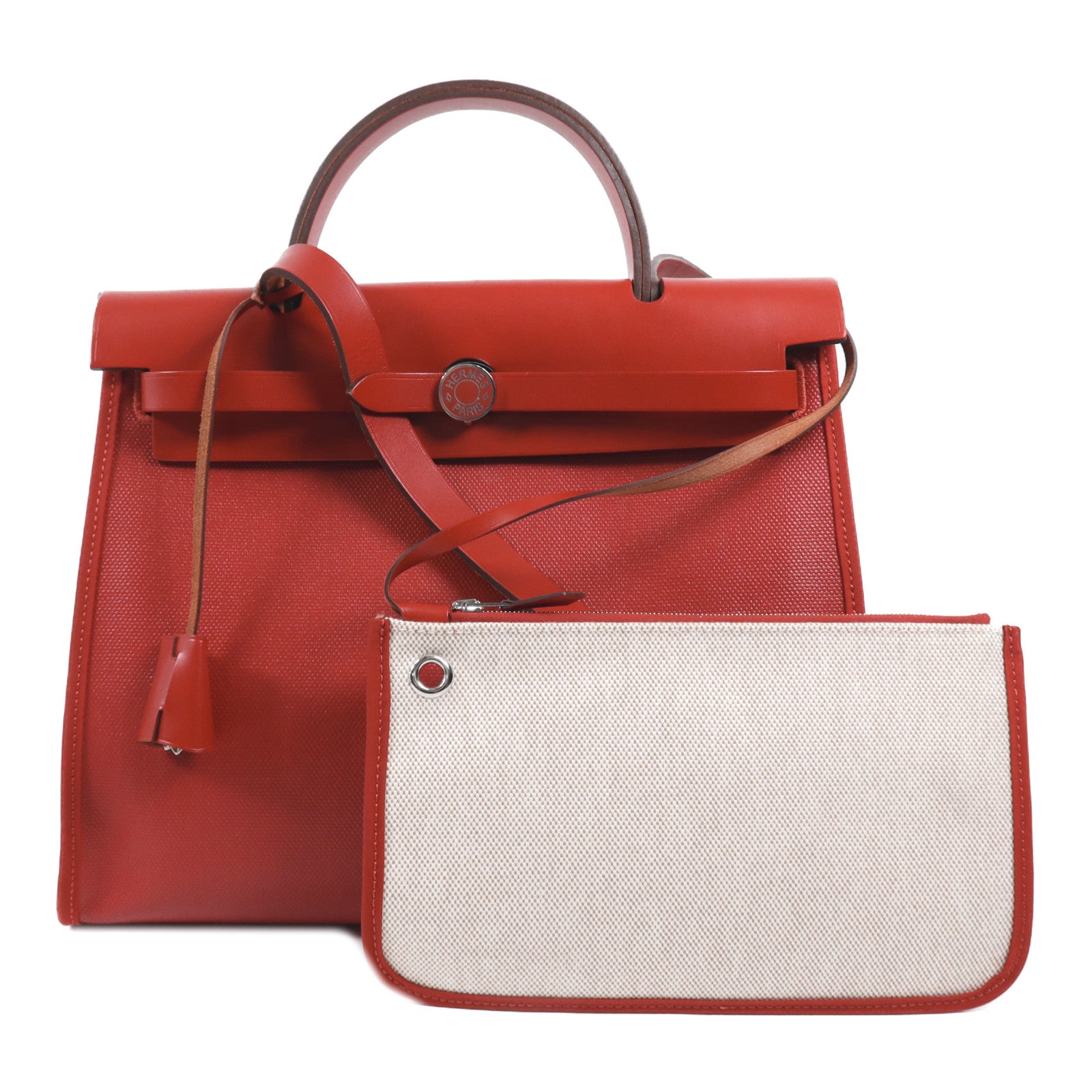 HERMES 塗層帆布Herbag PM銀扣手挽肩背兩用袋Rouge Casaque