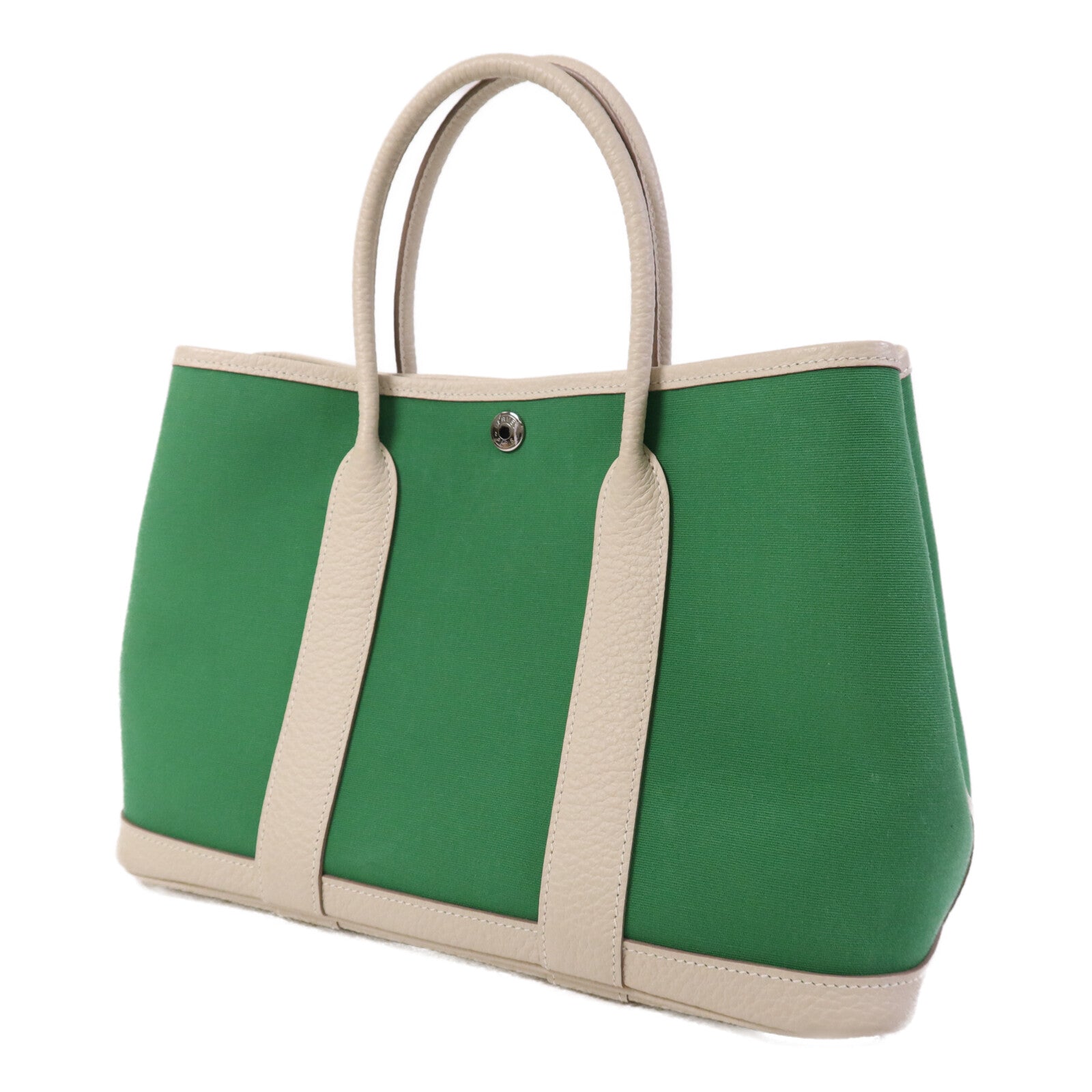 HERMES 帆布Garden Party TPM銀扣手挽袋Cactus/Craie